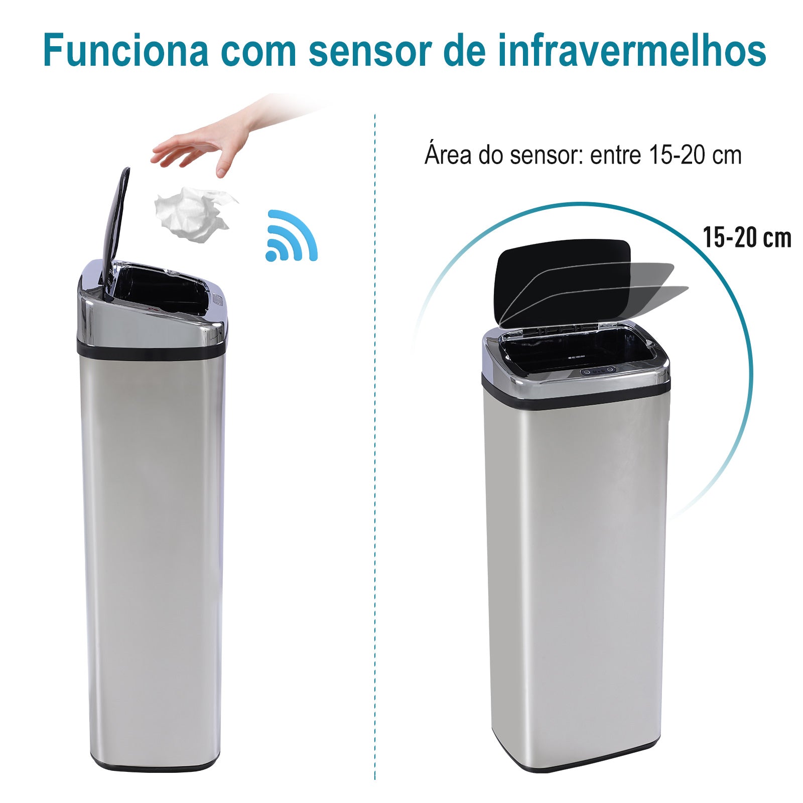 Balde de Lixo Automático de Aço Inoxidável 50L - 33x25x84 cm - Preto e Prata