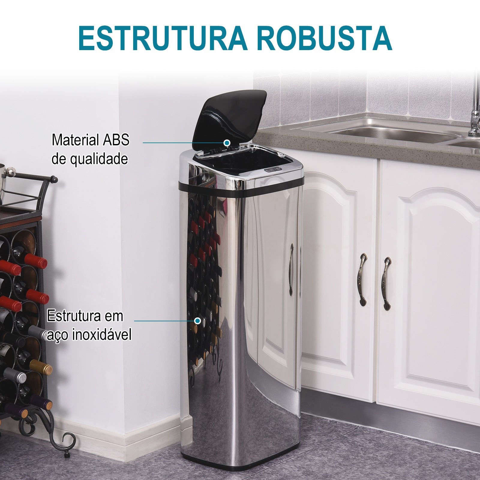 Balde de Lixo Automático de Aço Inoxidável 50L - 33x25x84 cm - Preto e Prata