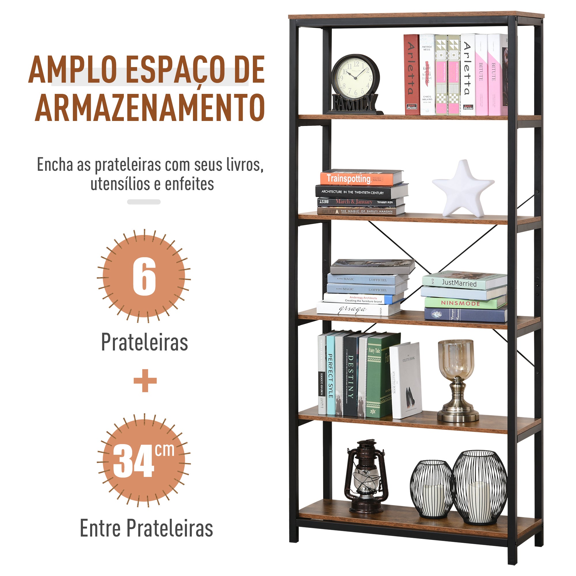 Estante Industrial com 6 Prateleiras 80x30x180 cm - Castanho Rústico