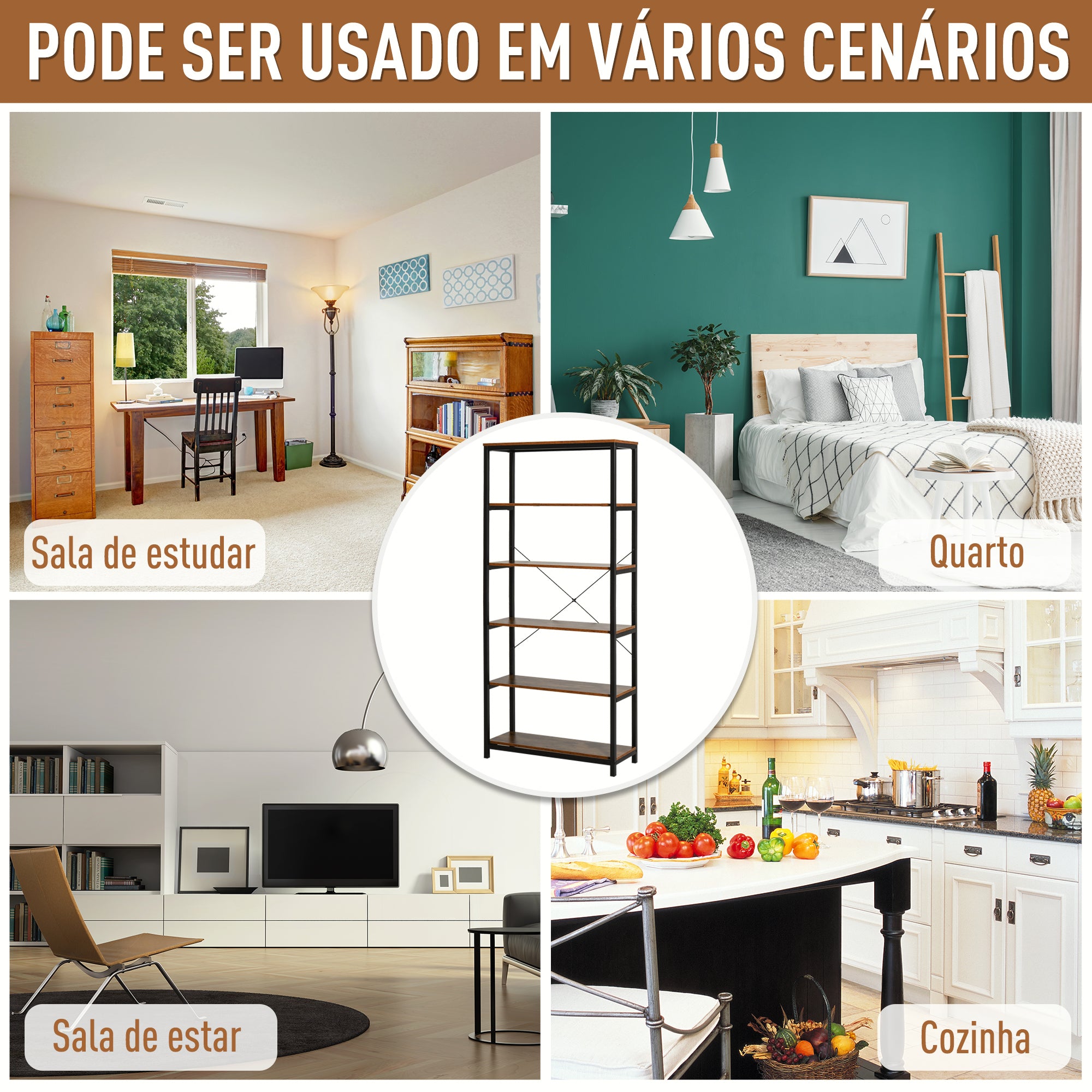 Estante Industrial com 6 Prateleiras 80x30x180 cm - Castanho Rústico