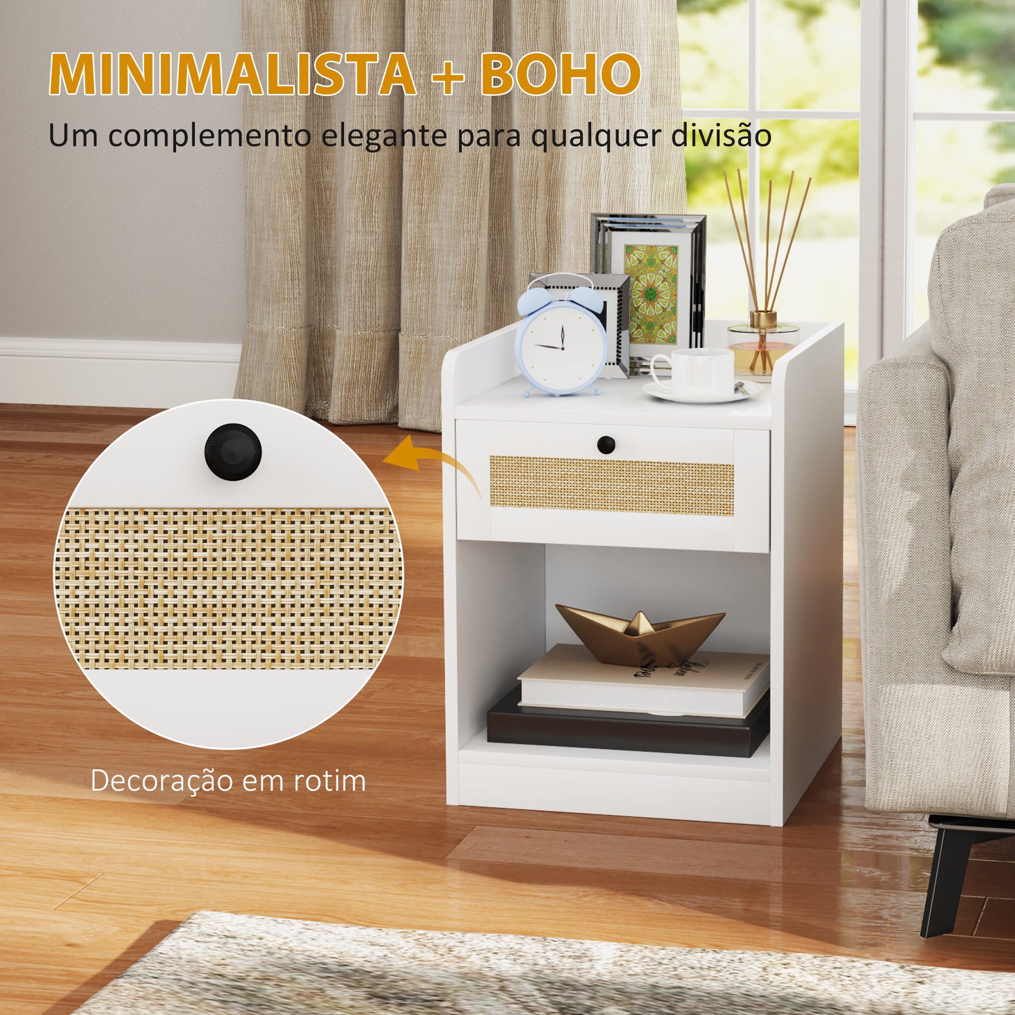 Mesas de Cabeceira Boho com Gaveta em Vime - 40x40x53 cm (Branco)