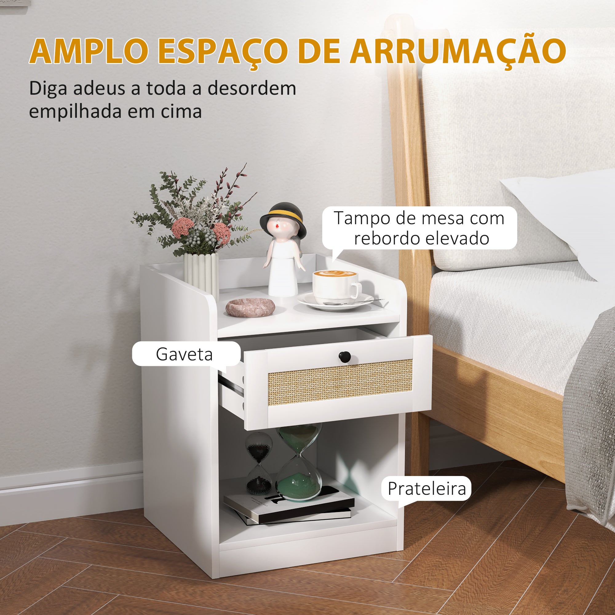 Mesas de Cabeceira Boho com Gaveta em Vime - 40x40x53 cm (Branco)