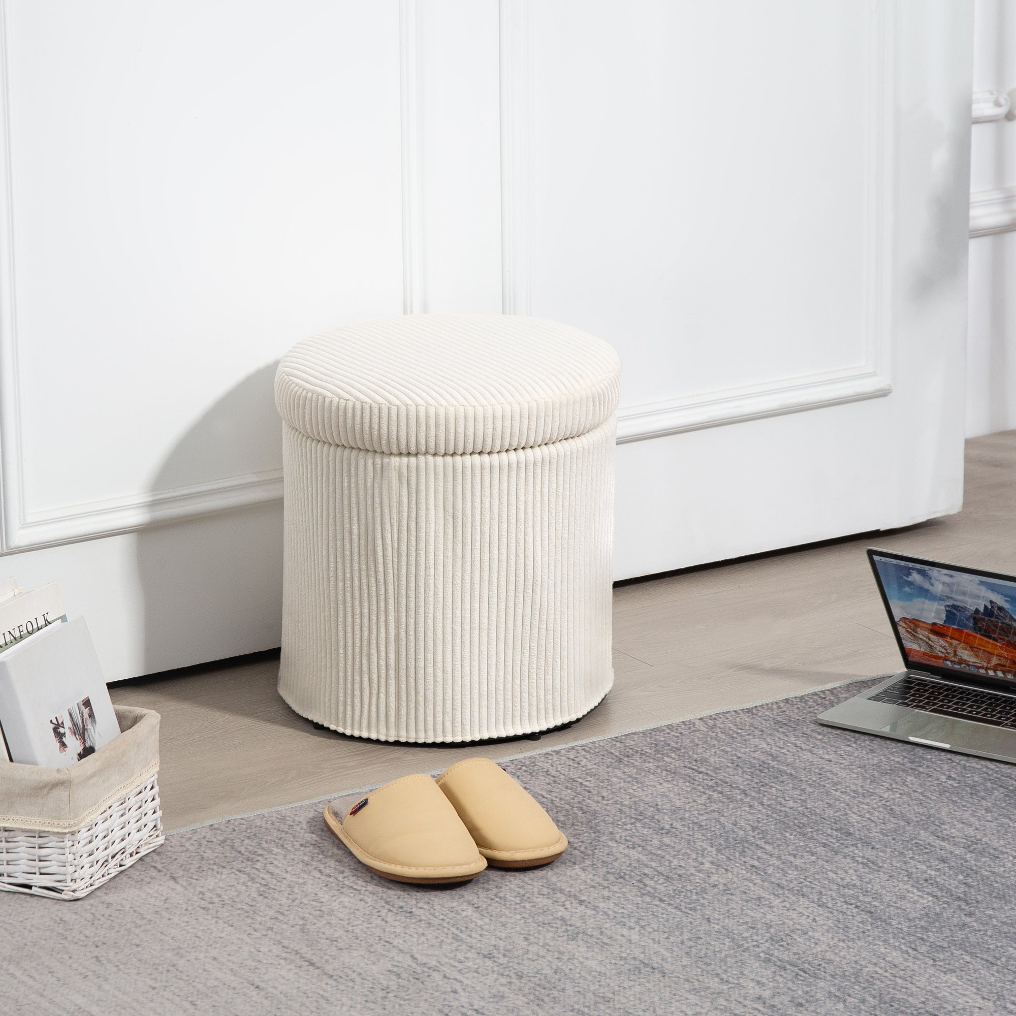 Puff de Arrumação Redondo Estofado em Veludo Cotelê Ø40x41 cm - Cor Creme
