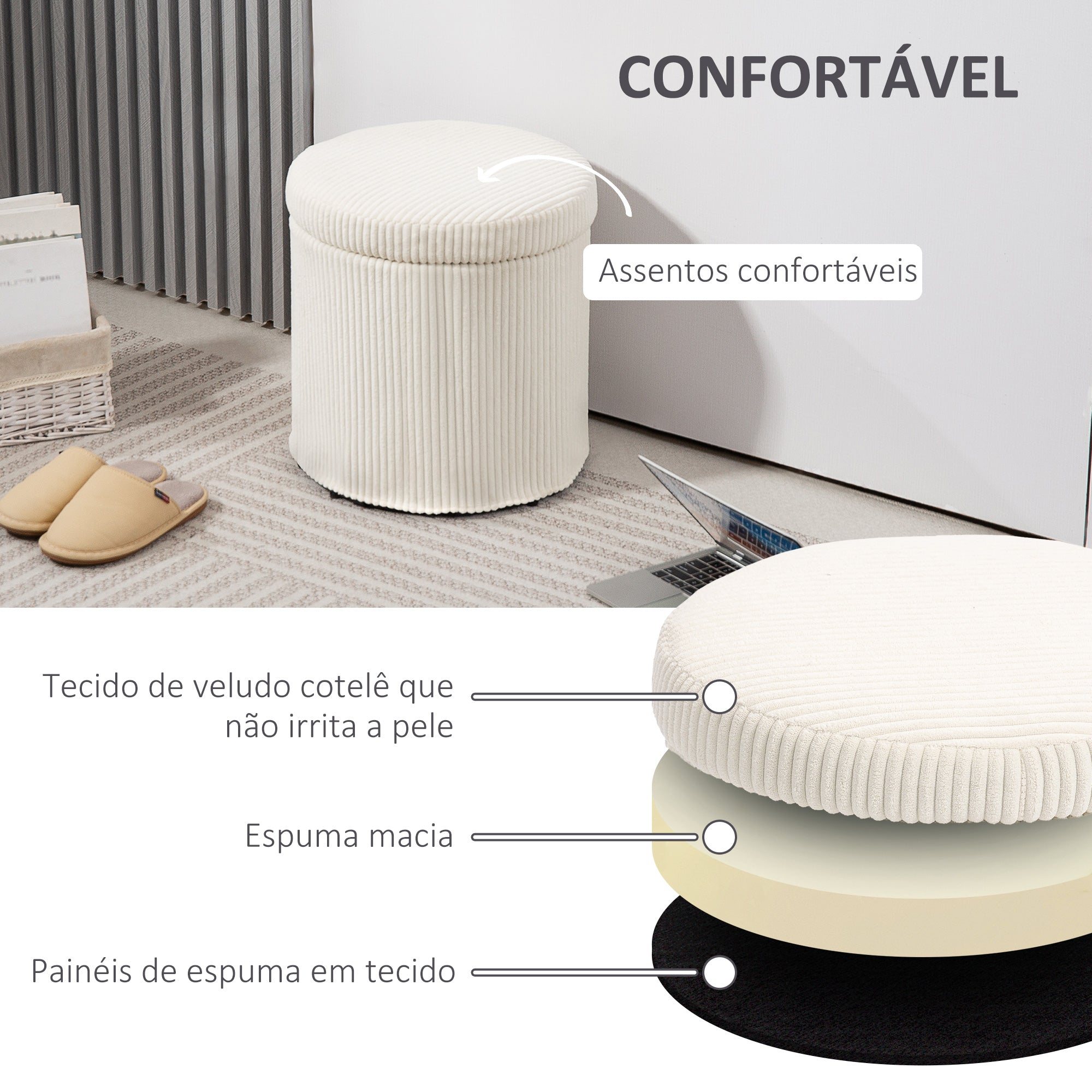 Puff de Arrumação Redondo Estofado em Veludo Cotelê Ø40x41 cm - Cor Creme