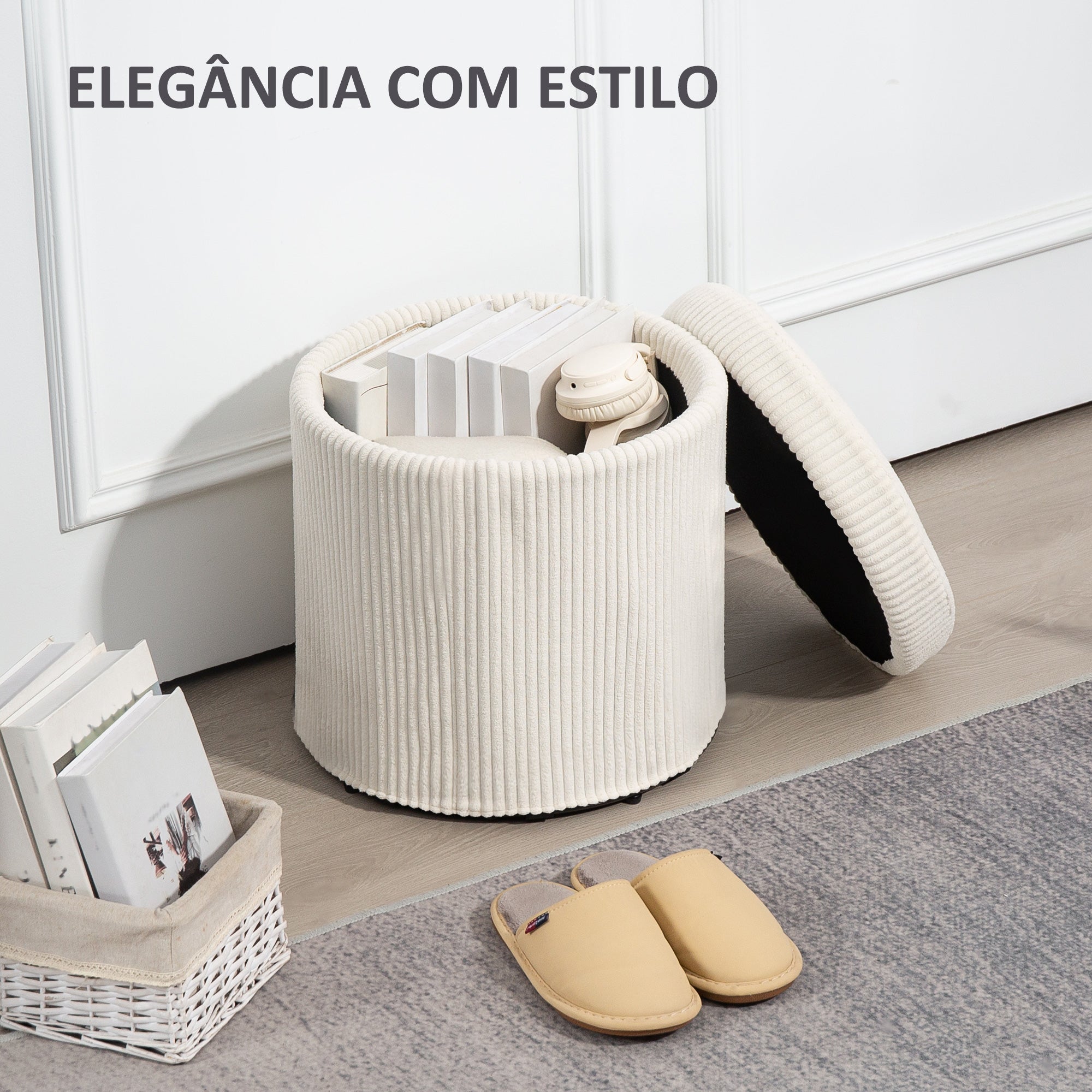 Puff de Arrumação Redondo Estofado em Veludo Cotelê Ø40x41 cm - Cor Creme