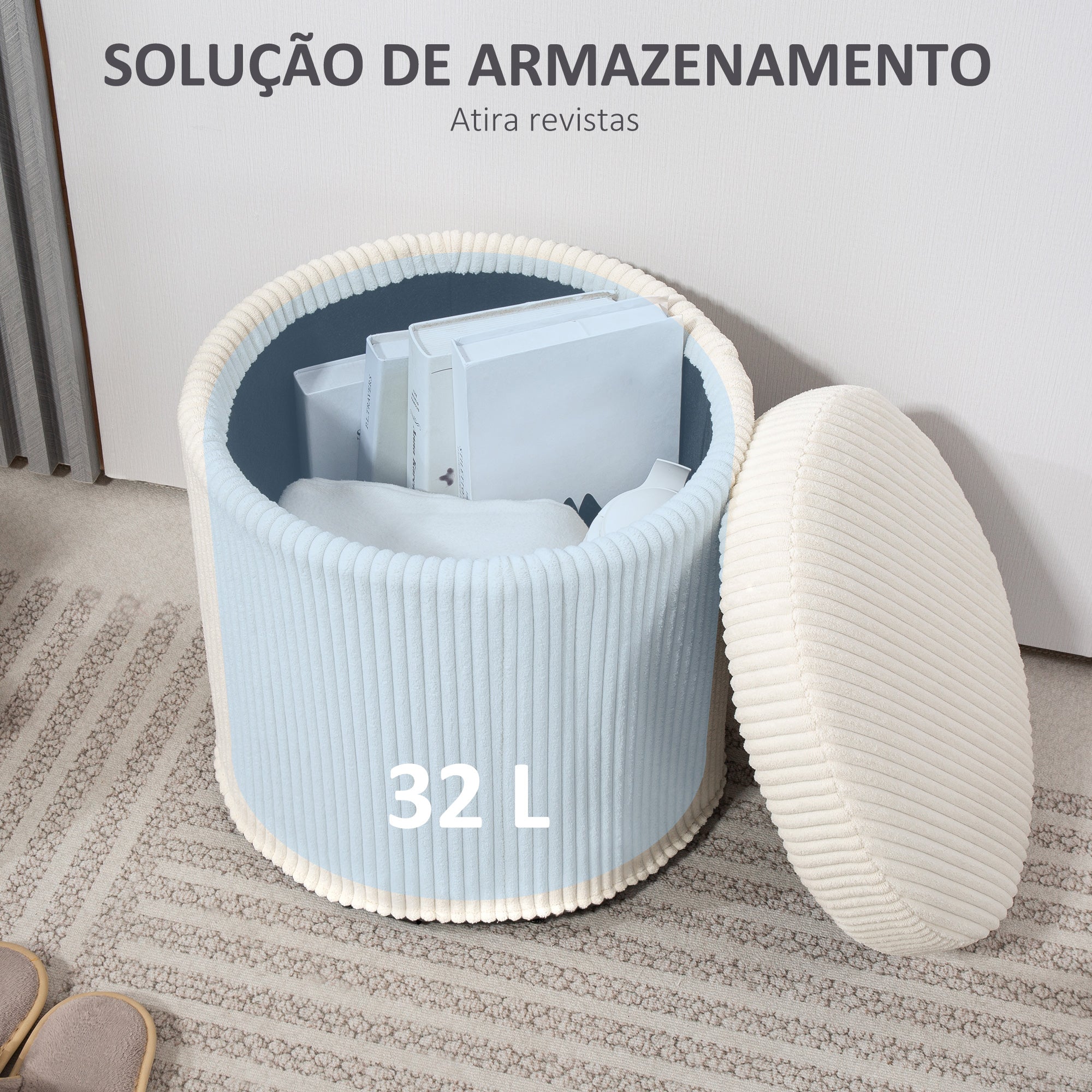 Puff de Arrumação Redondo Estofado em Veludo Cotelê Ø40x41 cm - Cor Creme