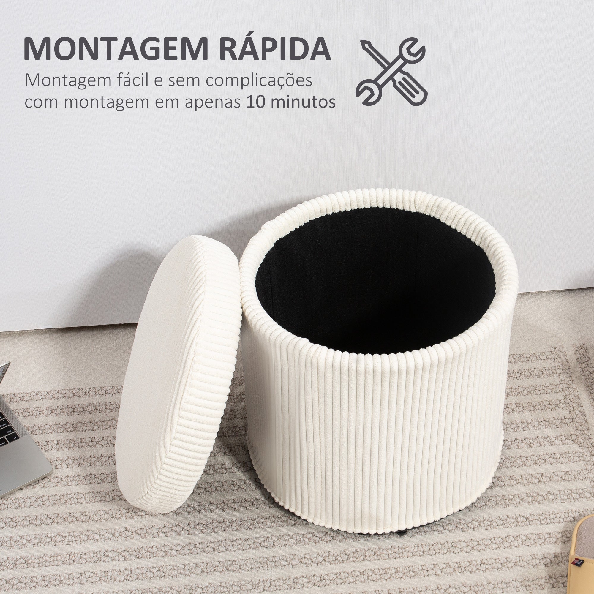 Puff de Arrumação Redondo Estofado em Veludo Cotelê Ø40x41 cm - Cor Creme