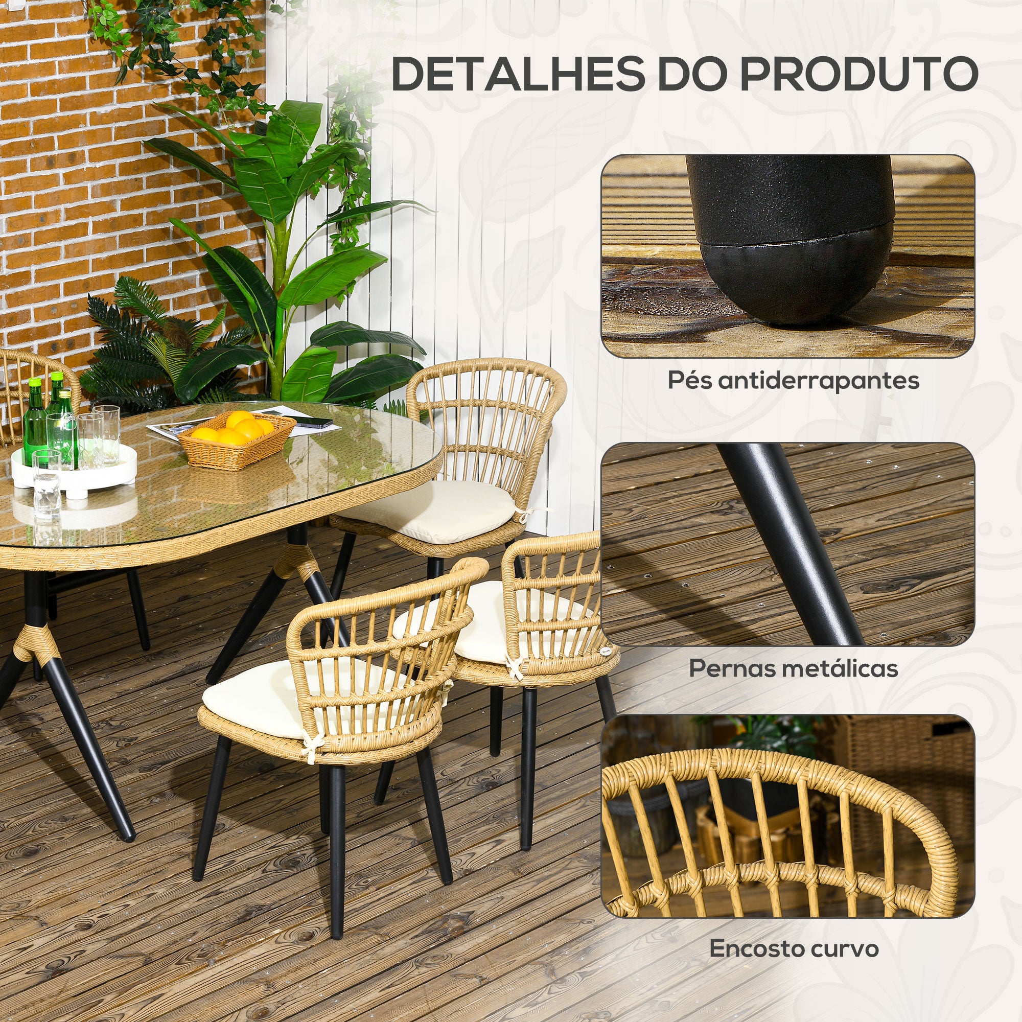 Conjunto de Refeição de Vime Sintético 7 Peças - Cor de Madeira Natural - 153x89x74 cm
