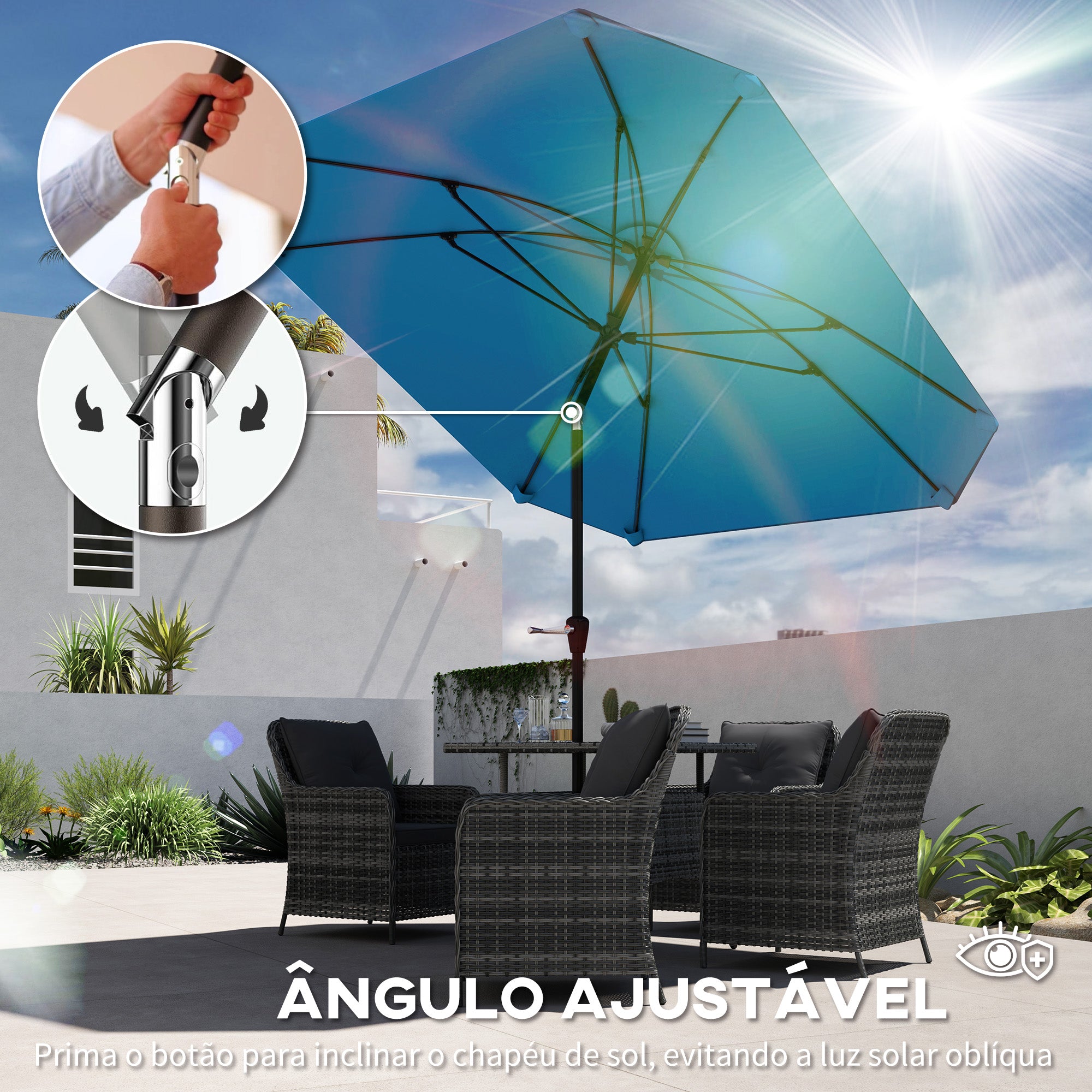 Chapéu de Sol de Jardim Azul 233x233 cm - Mastro de Alumínio e Varas de Fibra de Vidro