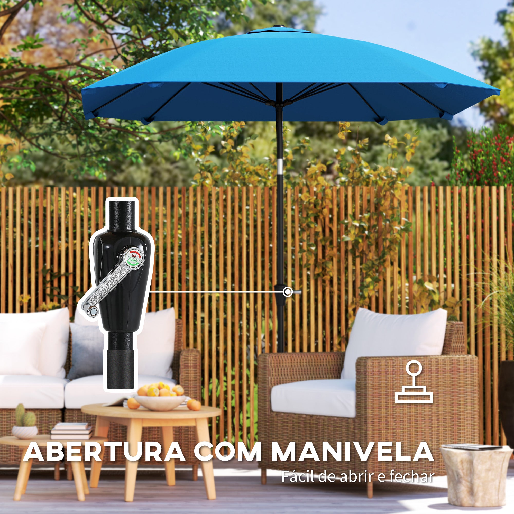 Chapéu de Sol de Jardim Azul 233x233 cm - Mastro de Alumínio e Varas de Fibra de Vidro