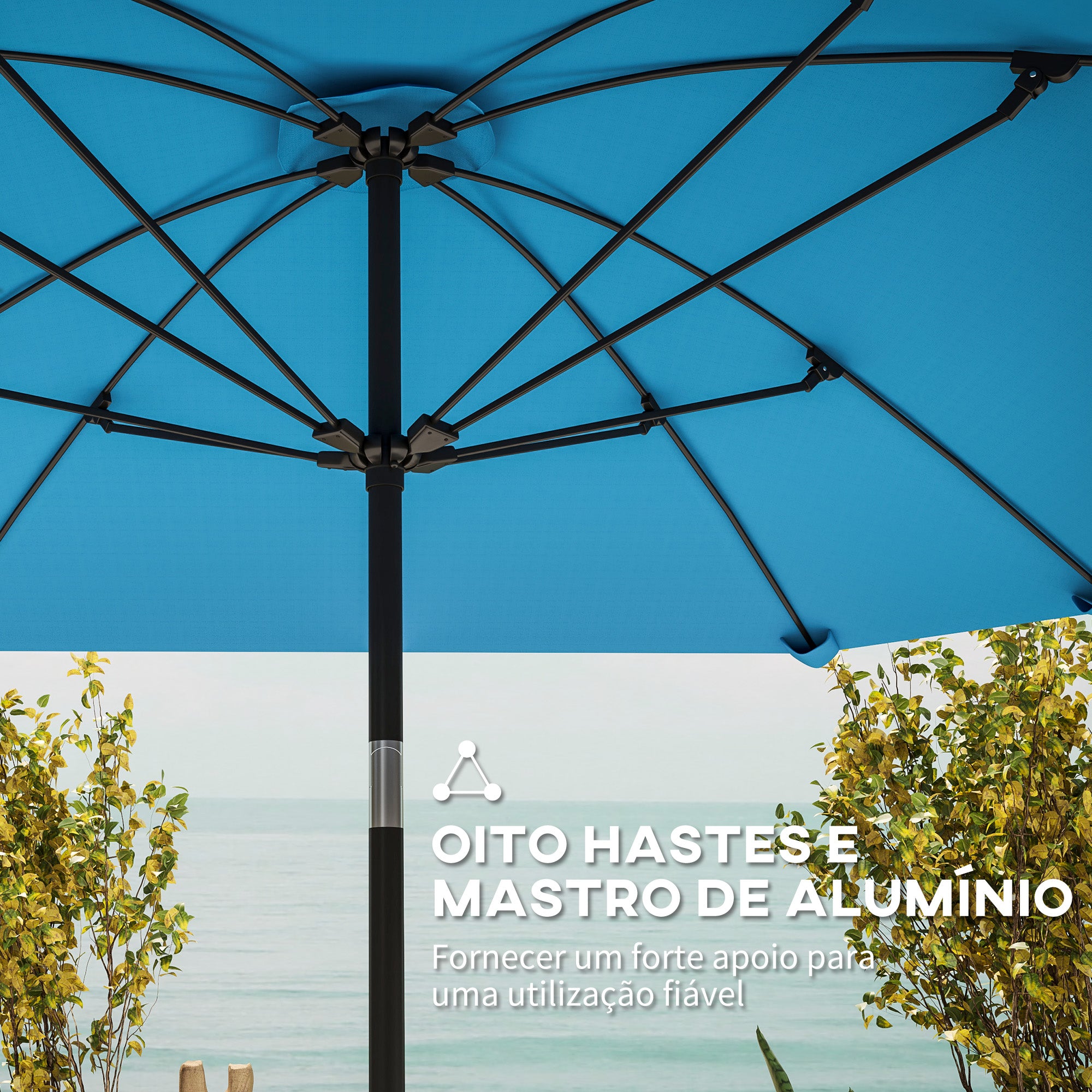 Chapéu de Sol de Jardim Azul 233x233 cm - Mastro de Alumínio e Varas de Fibra de Vidro