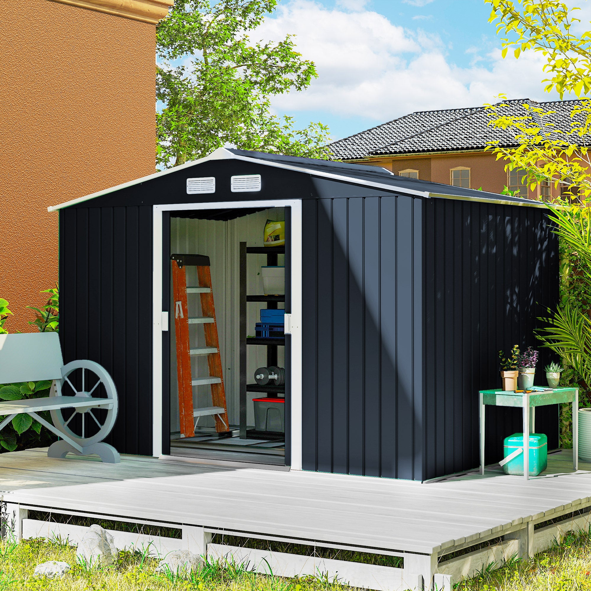 Abrigo de Jardim Metálico – 277x195x192cm – Cinza Escuro – Aço Galvanizado