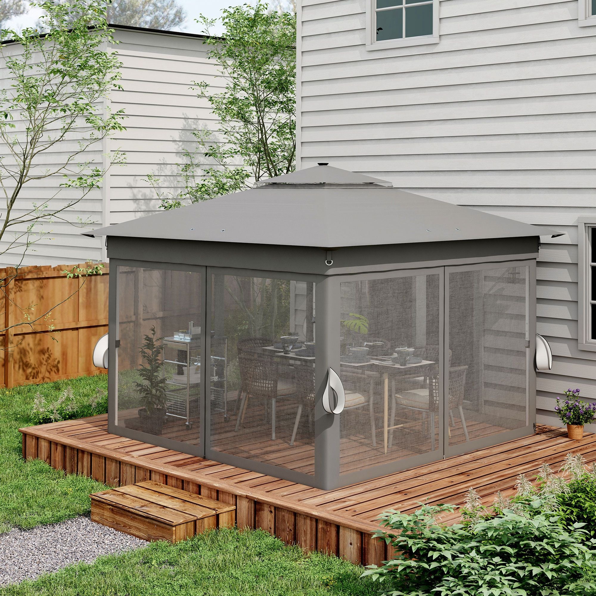 Tenda Dobrável 336x336 cm com Luzes LED Solares - Cinzento