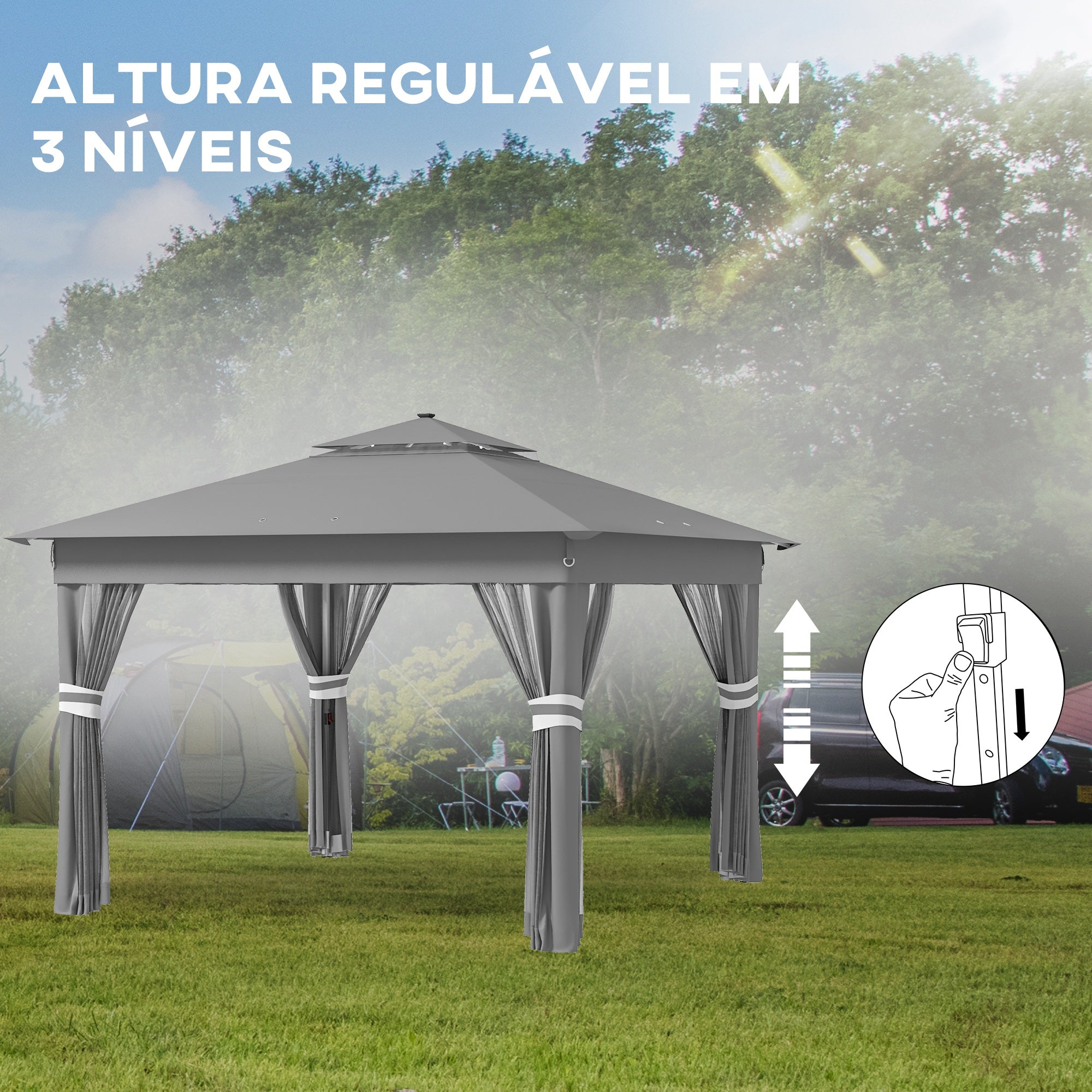 Tenda Dobrável 336x336 cm com Luzes LED Solares - Cinzento