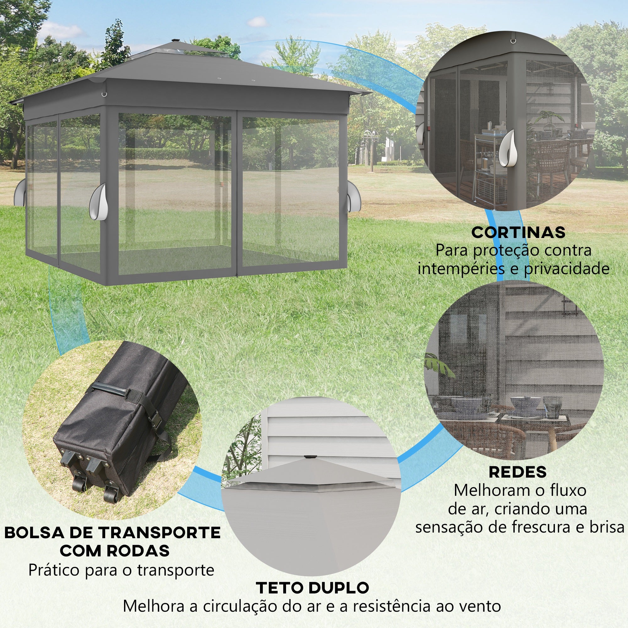 Tenda Dobrável 336x336 cm com Luzes LED Solares - Cinzento