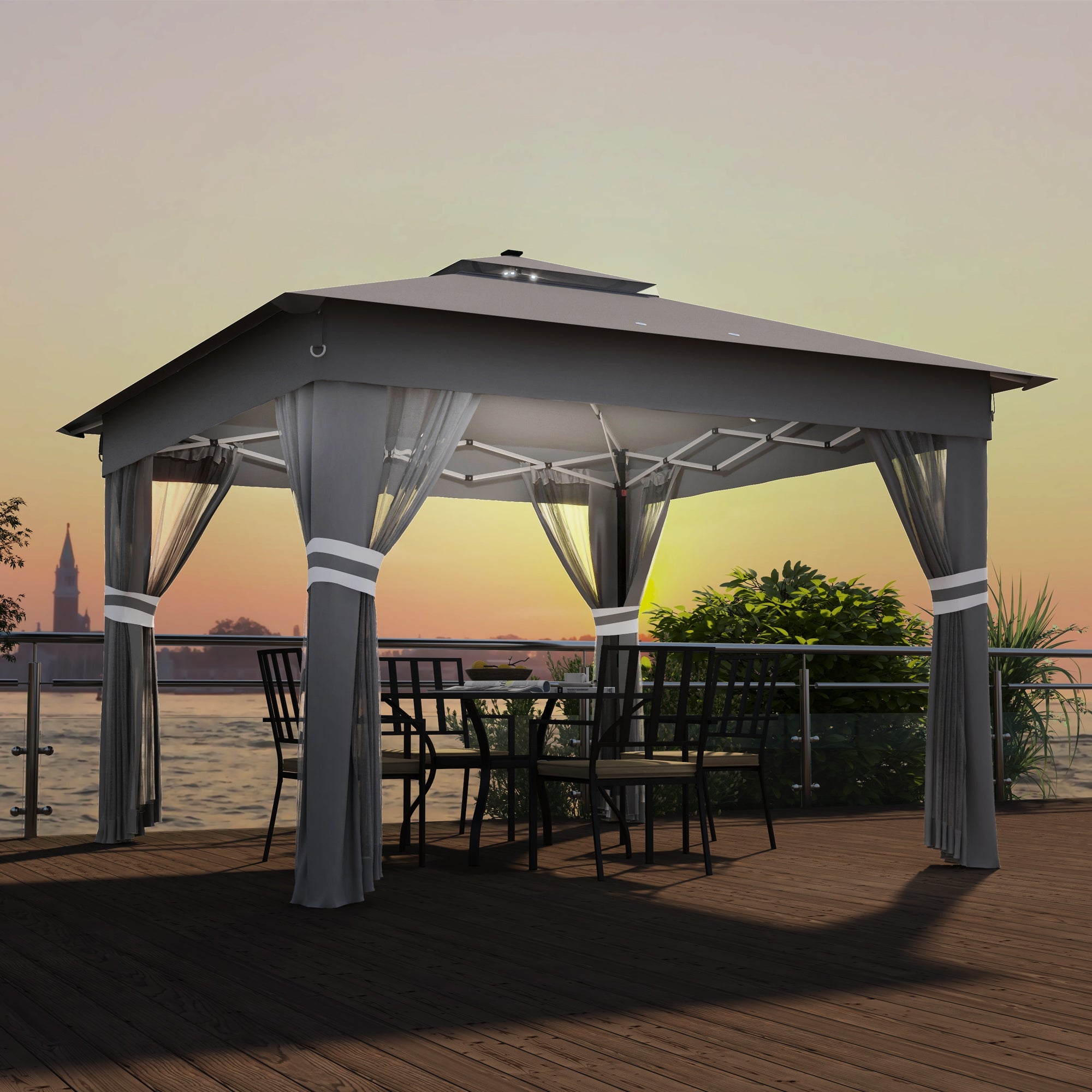 Tenda Dobrável 336x336 cm com Luzes LED Solares - Cinzento