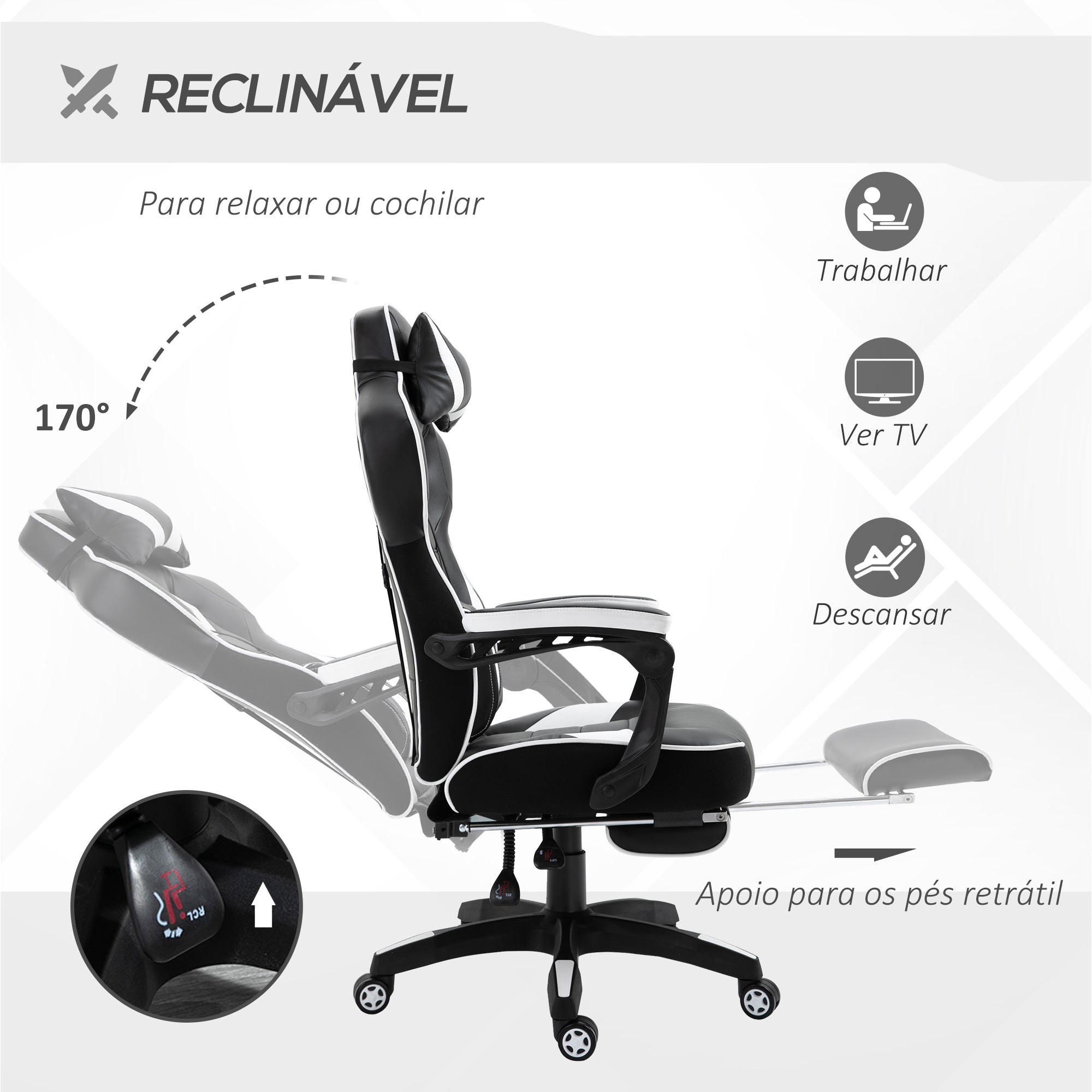 Cadeira Ergonômica Gaming Branca e Preta 65x70x118,5-126,5 cm