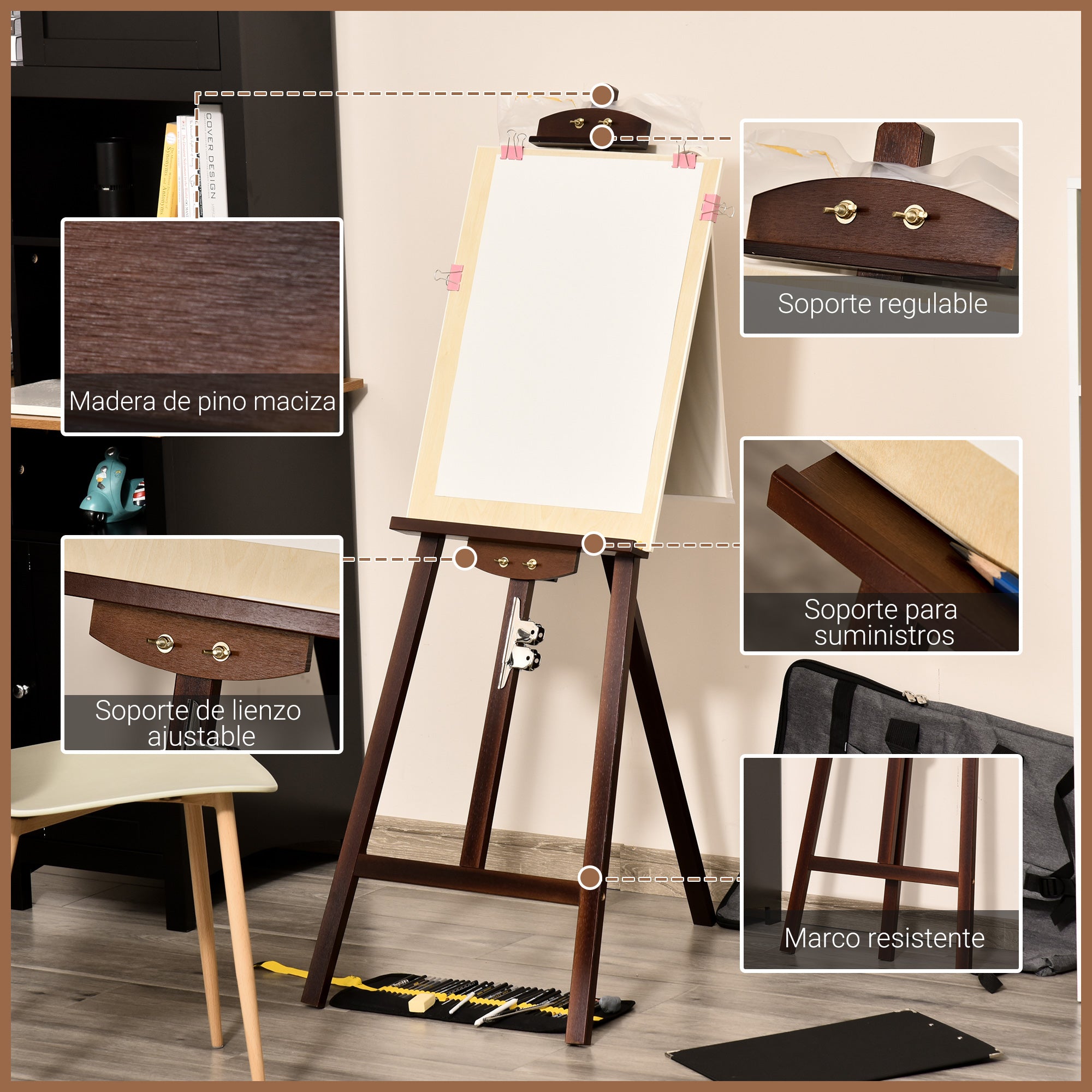 Cavalete de Pintura de Madeira Inclinável 90° Marrom Escuro 51.5x71.5x134.5cm