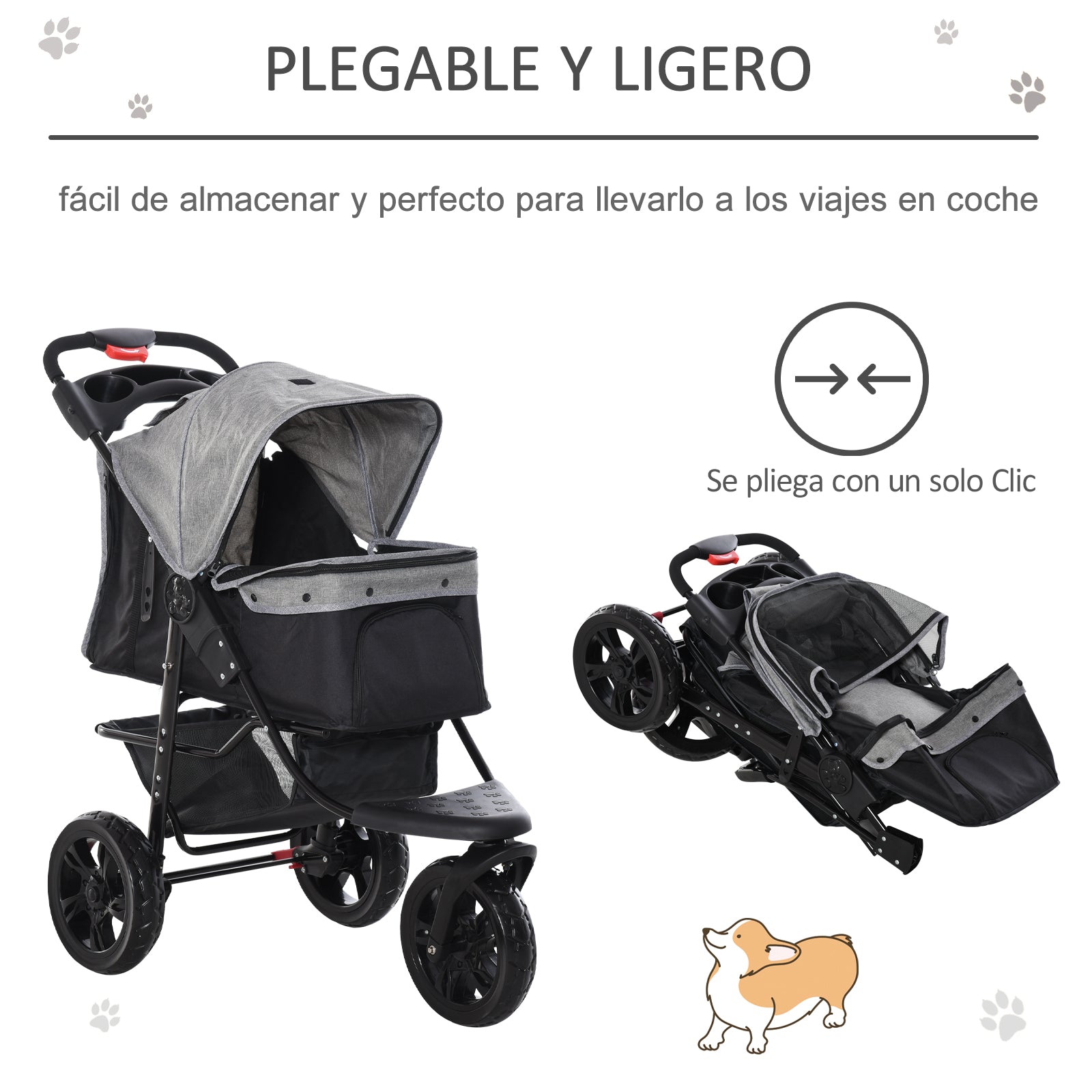 Carrinho de Animais de Estimação Dobrável com Rodas 109,5x54,5x106,5 cm - Cinzento