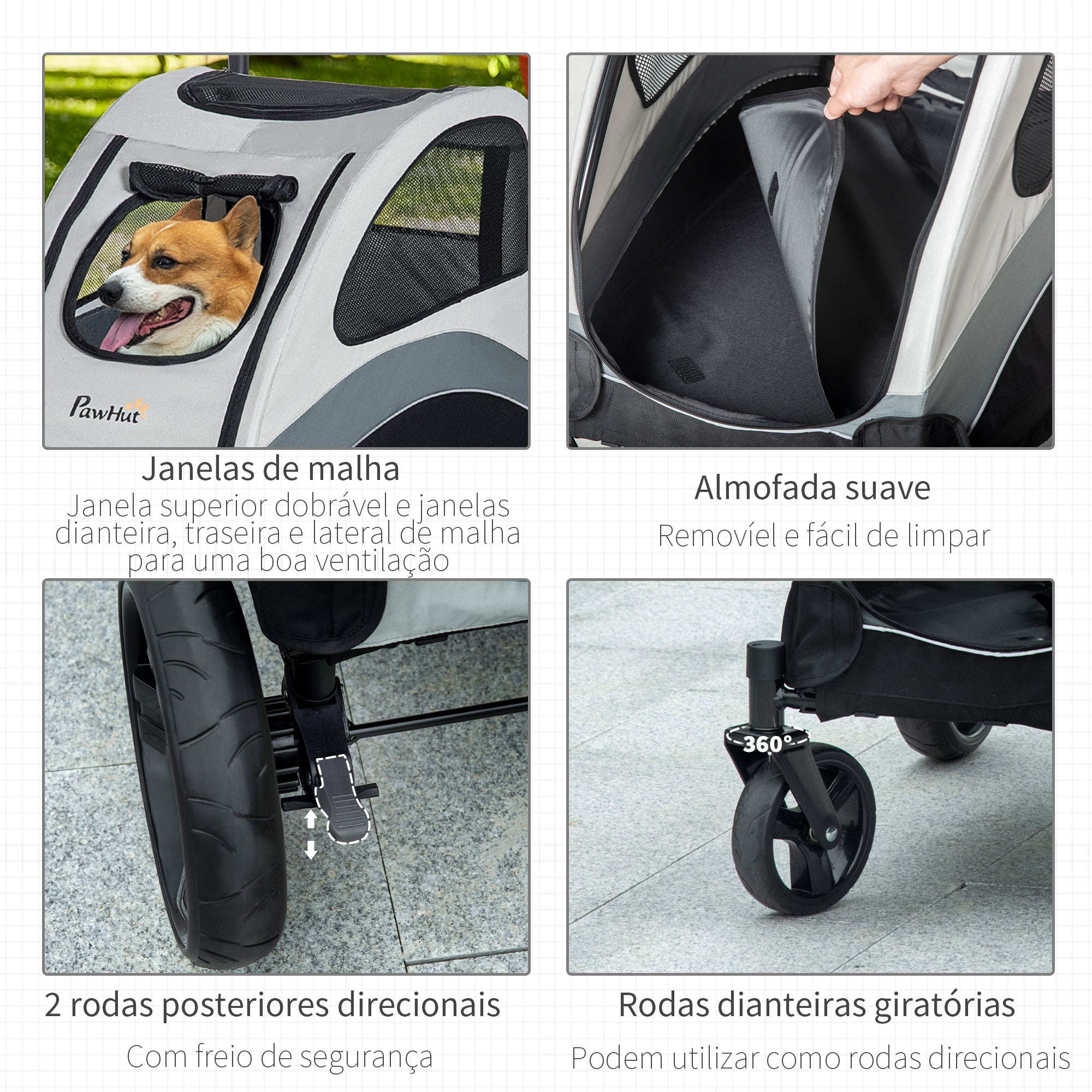 Carrinho para Animais de Estimação Dobrável – 107x67x102cm – Cinzento – Aço e Tecido Oxford