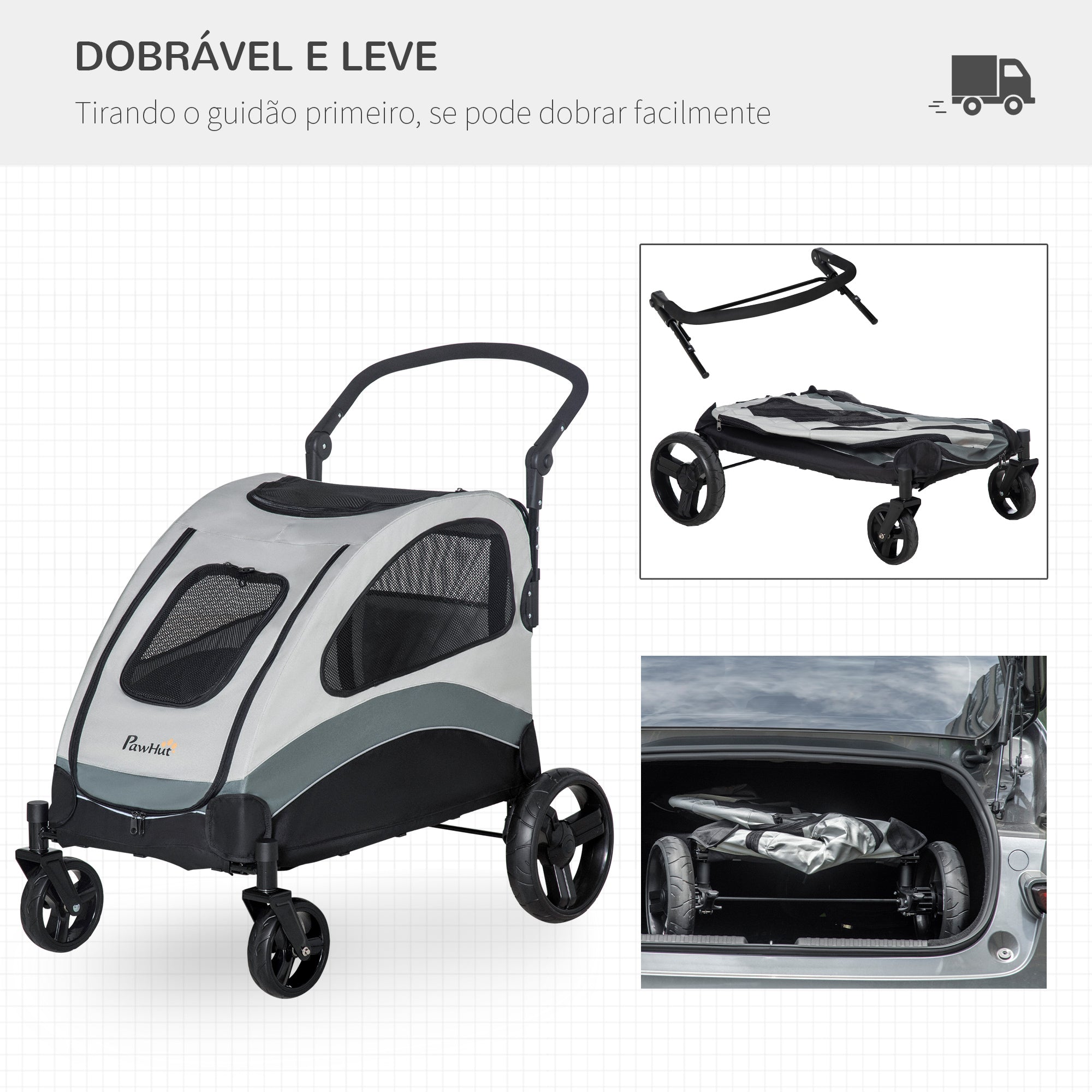Carrinho para Animais de Estimação Dobrável – 107x67x102cm – Cinzento – Aço e Tecido Oxford