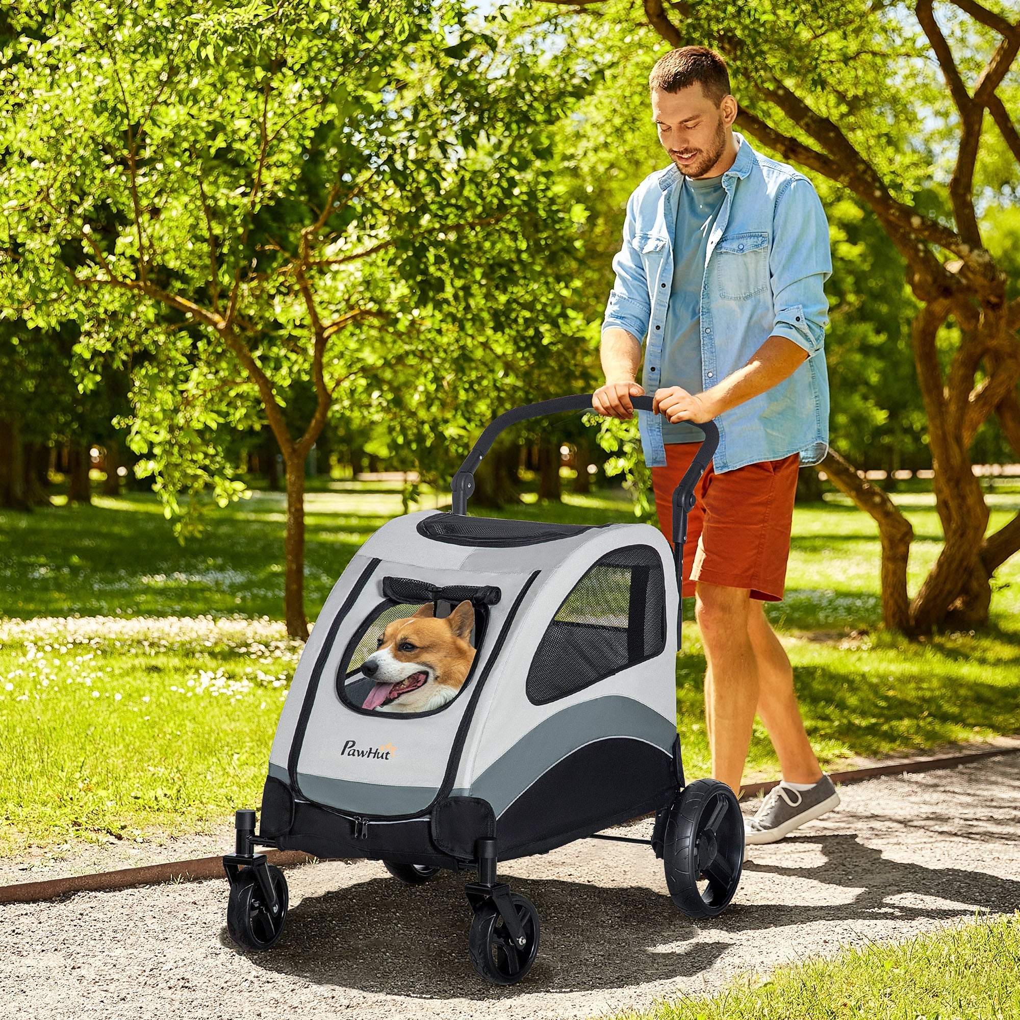 Carrinho para Animais de Estimação Dobrável – 107x67x102cm – Cinzento – Aço e Tecido Oxford
