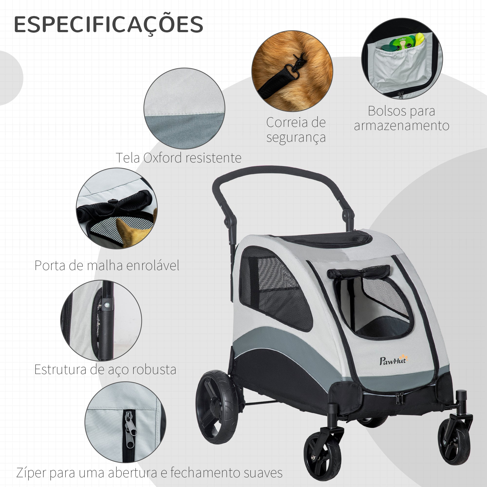 Carrinho para Animais de Estimação Dobrável – 107x67x102cm – Cinzento – Aço e Tecido Oxford
