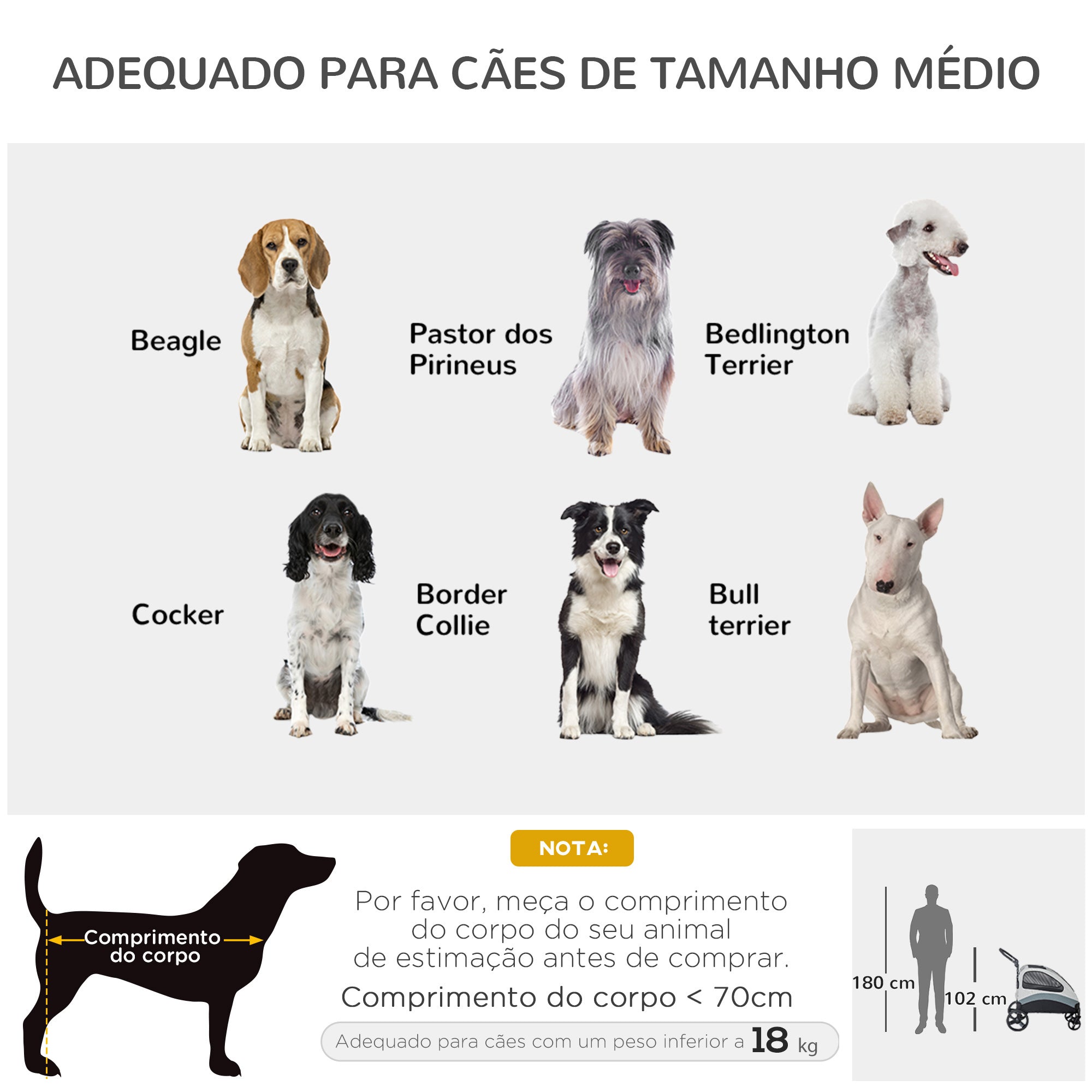 Carrinho para Animais de Estimação Dobrável – 107x67x102cm – Cinzento – Aço e Tecido Oxford
