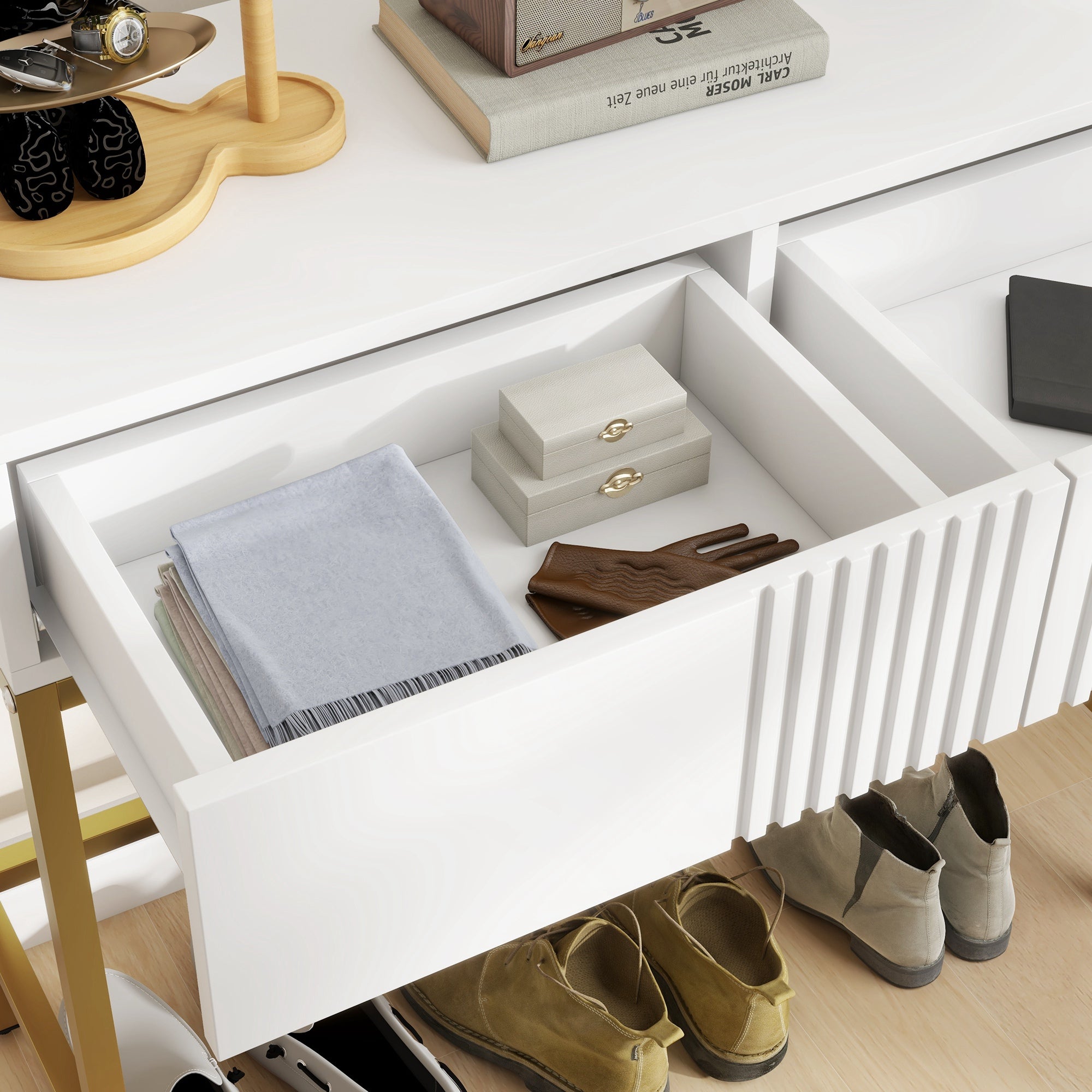 Mesa Consola Moderna com 2 Gavetas e Pés de Aço - 80x31,5x75 cm Branco
