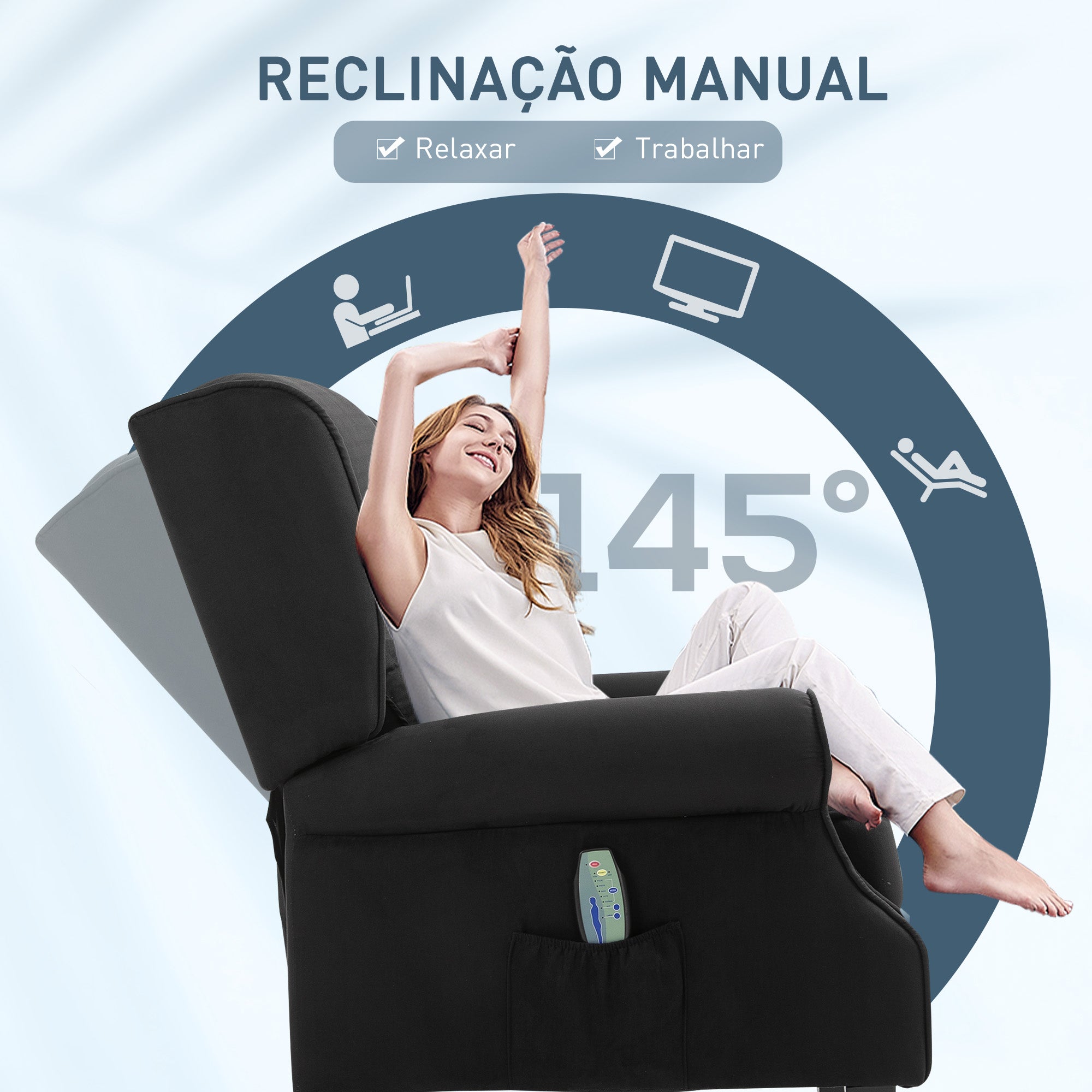 Poltrona de Massagem Relax Reclinável – 78x83x101 cm – Cor Preto – Tecido e Madeira de Álamo