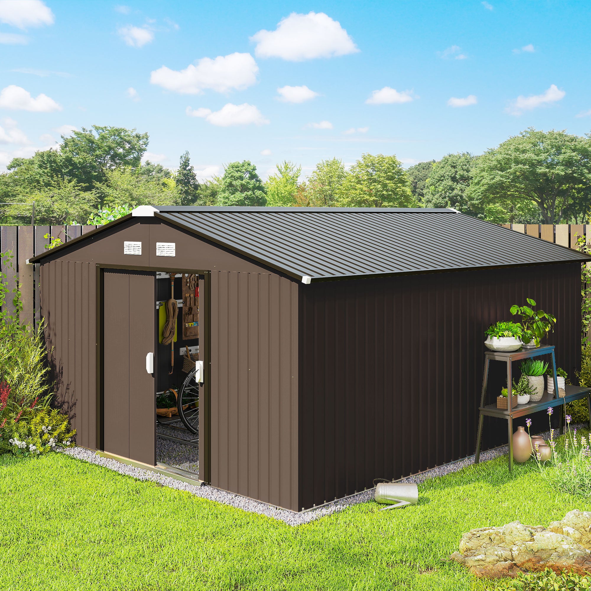 Abrigo de Jardim Metálico – 340x386x200 cm – Marrom – Aço Galvanizado