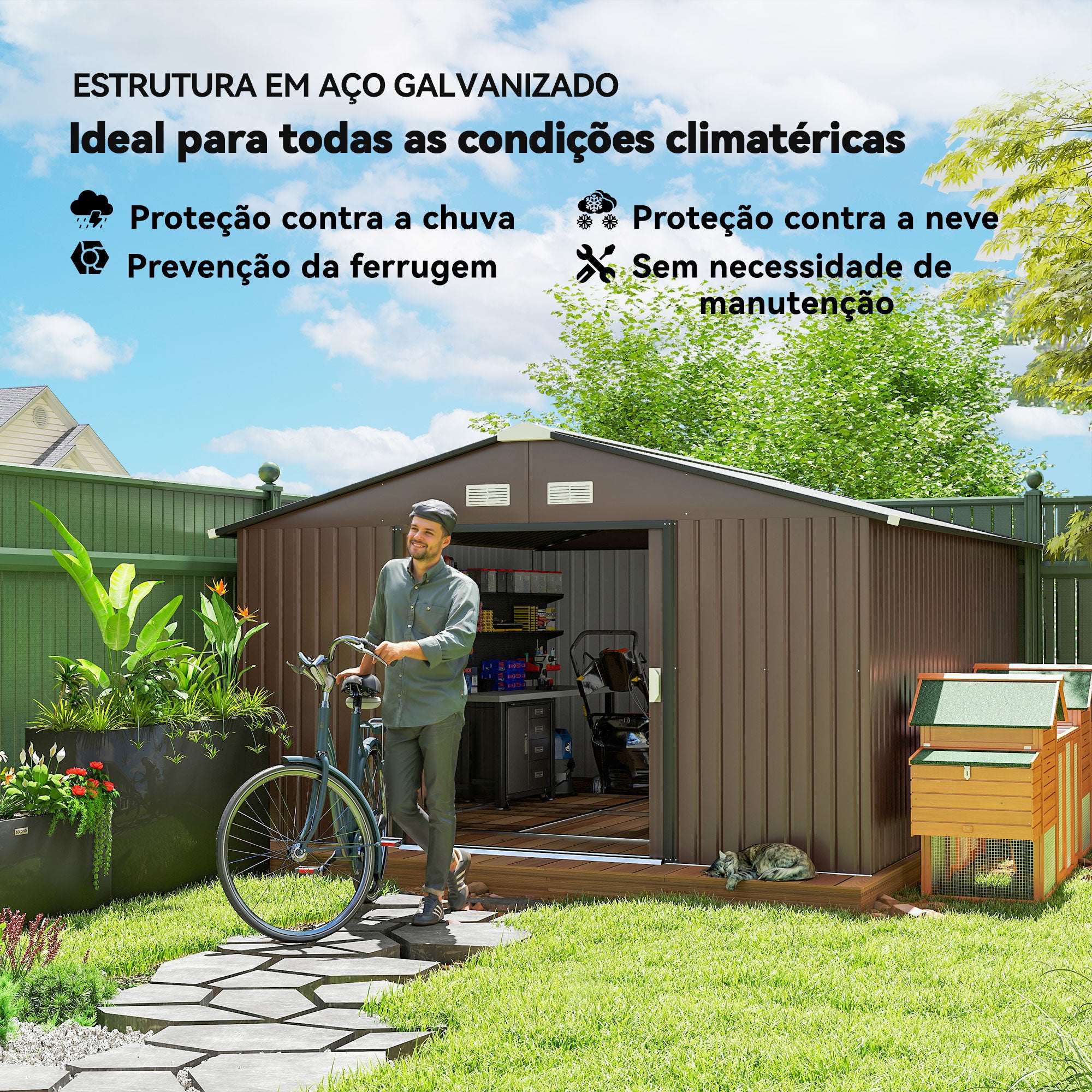 Abrigo de Jardim Metálico – 340x386x200 cm – Marrom – Aço Galvanizado