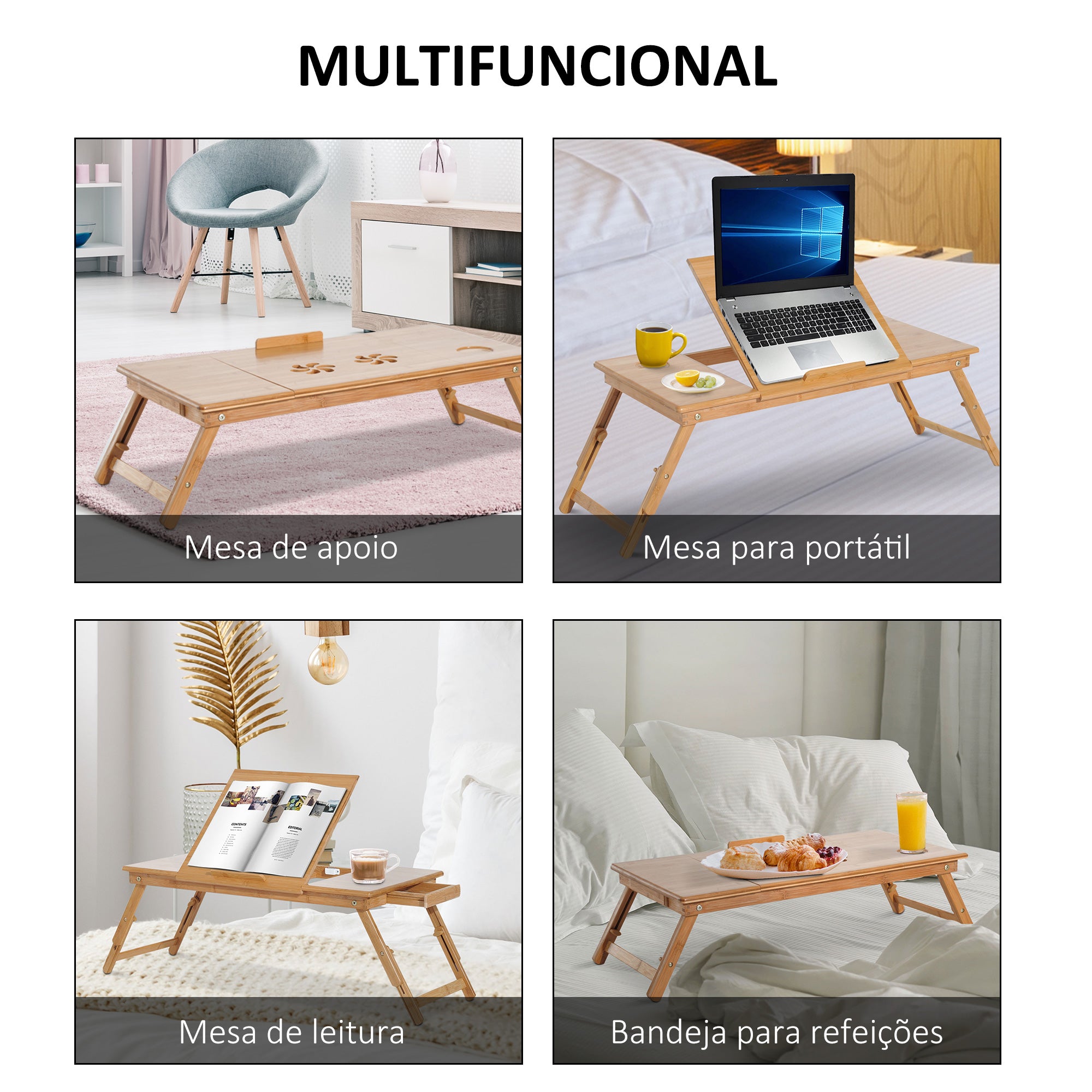 Mesa de Computador Portátil de Bambu Dobrável Reclinável Cor de Madeira Natural 72x35x22-30 cm