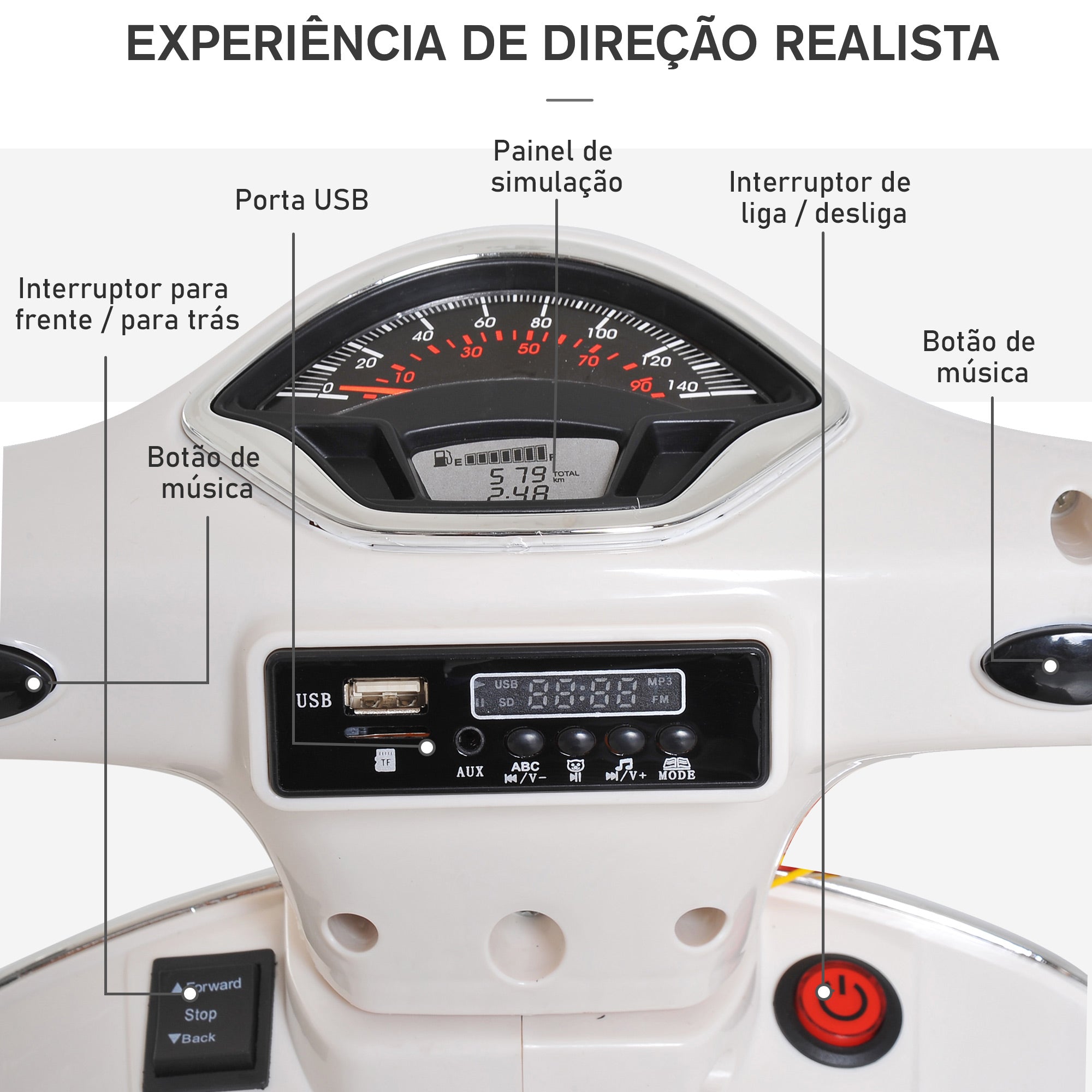 Mota Elétrica Infantil Branca 102x50,5x75,5 cm com Música e Buzina