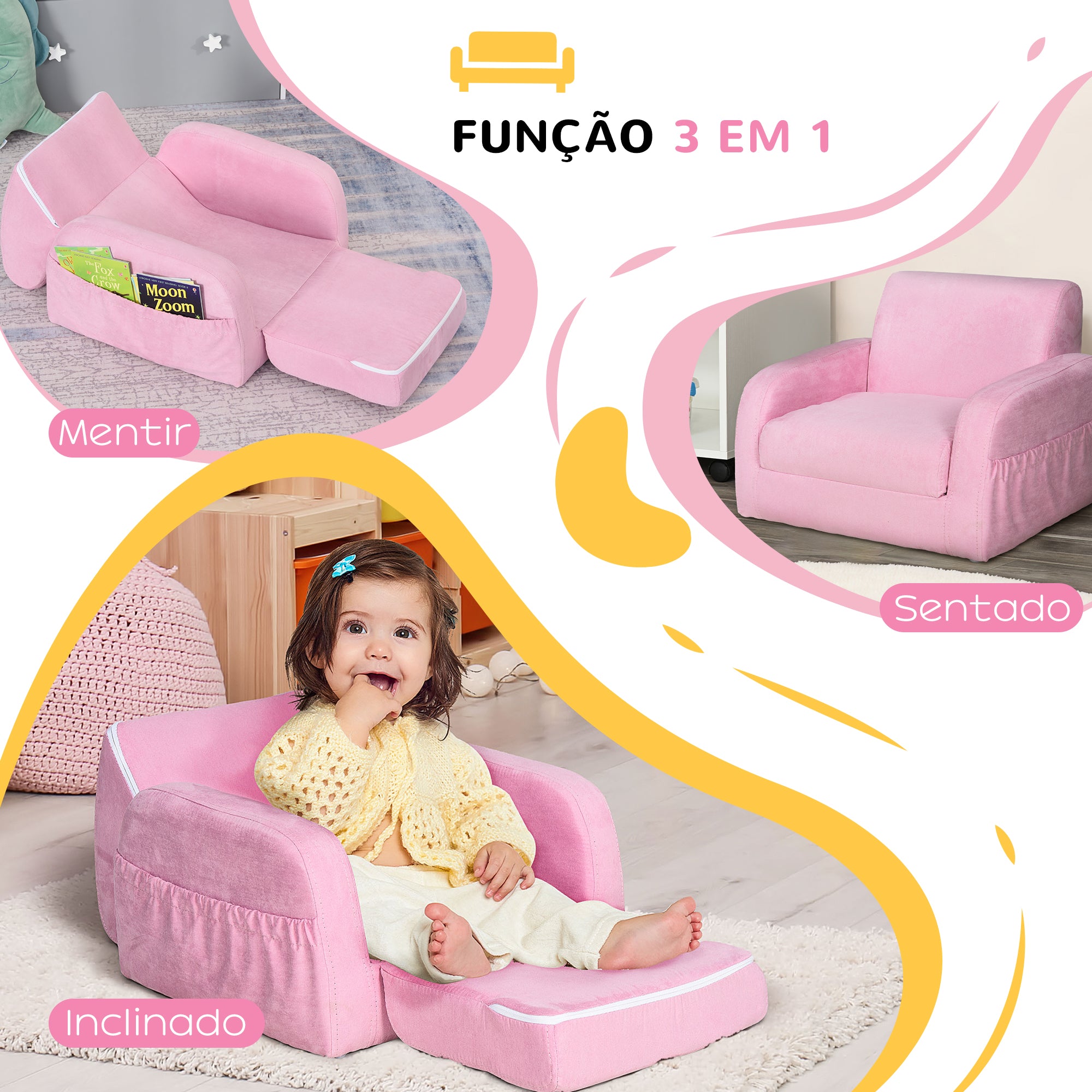 Poltrona Infantil Dobrável 2 em 1 47x45x38cm Rosa