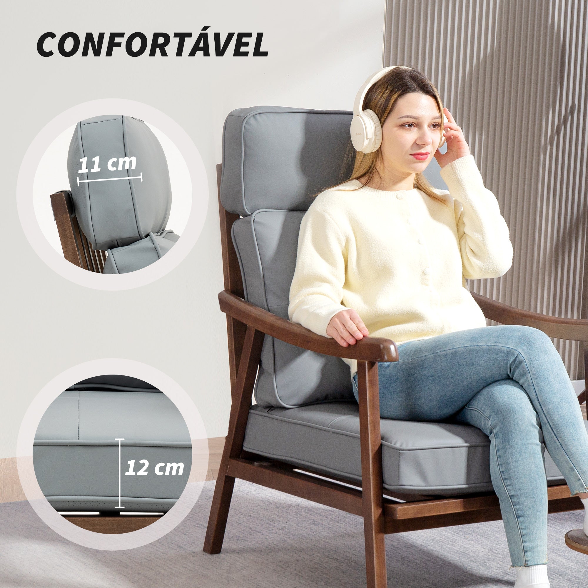 Poltrona Estofada em PU Cinzento 63,5x83x105 cm