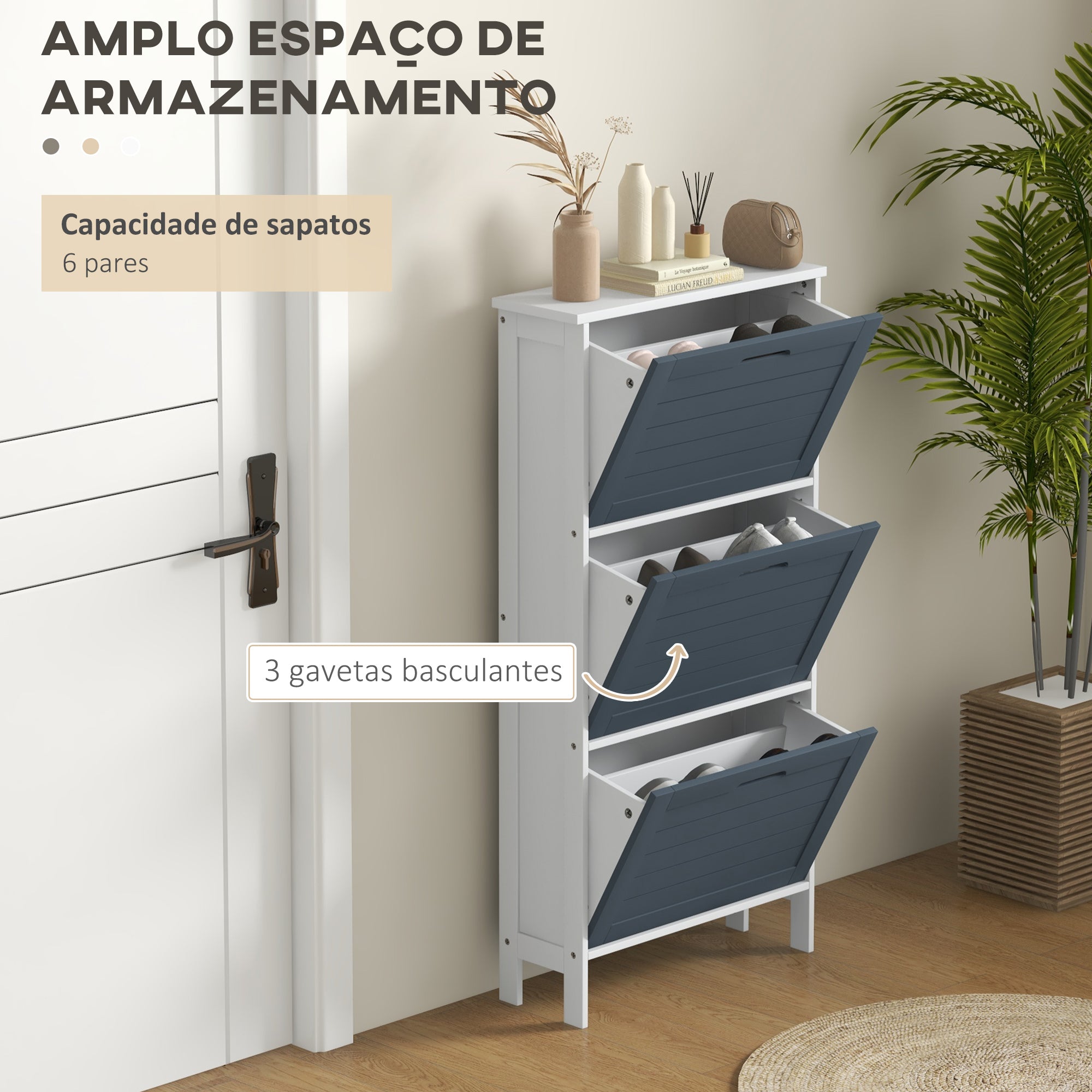 Sapateira Estreita com 3 Compartimentos – 53x18x108,5 cm – Cinza e Branco – MDF