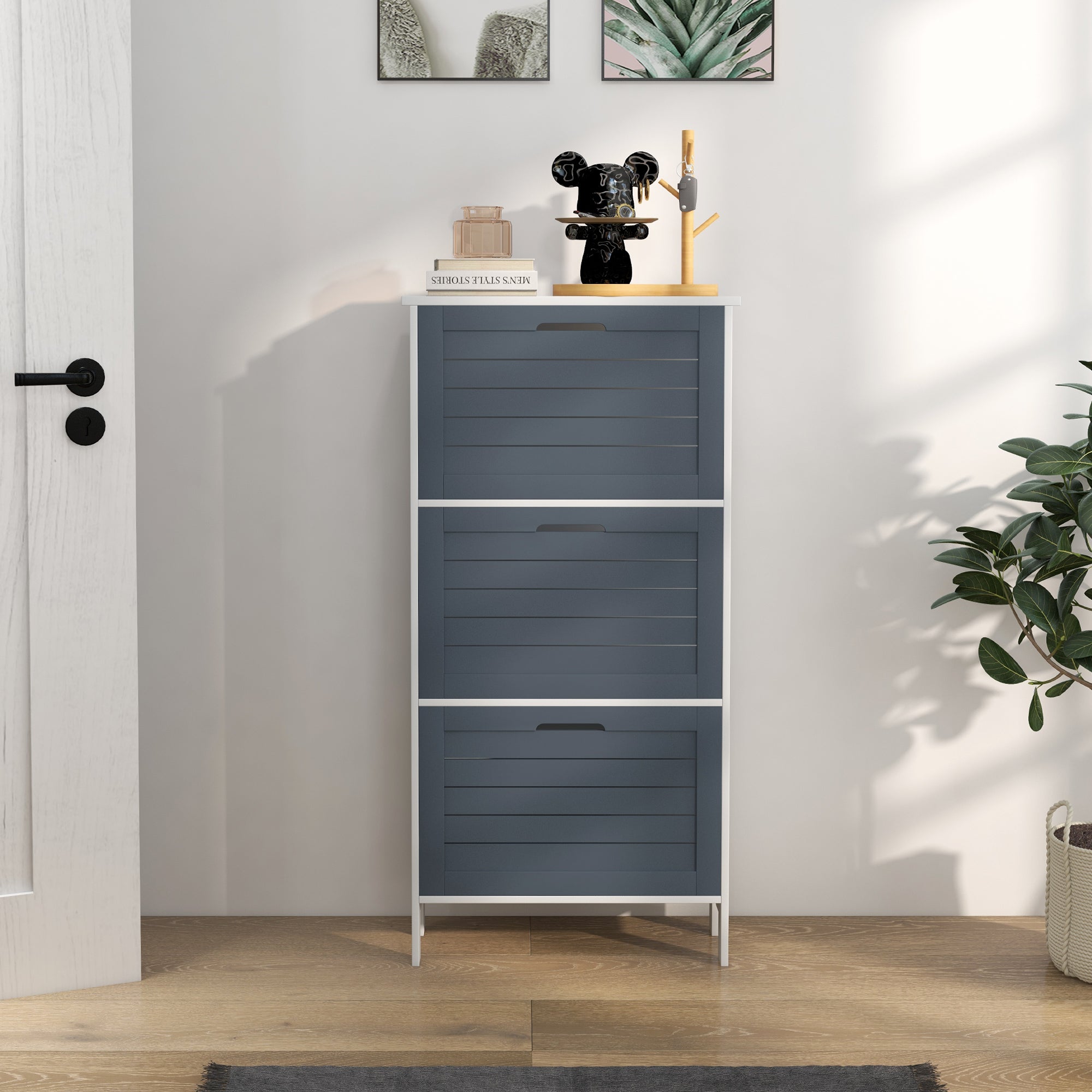 Sapateira Estreita com 3 Compartimentos – 53x18x108,5 cm – Cinza e Branco – MDF