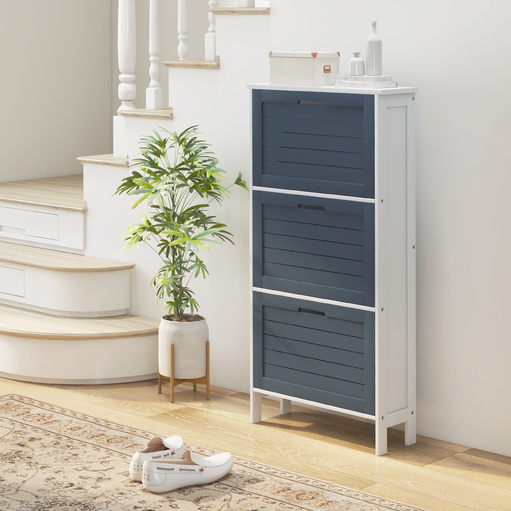 Sapateira Estreita com 3 Compartimentos – 53x18x108,5 cm – Cinza e Branco – MDF