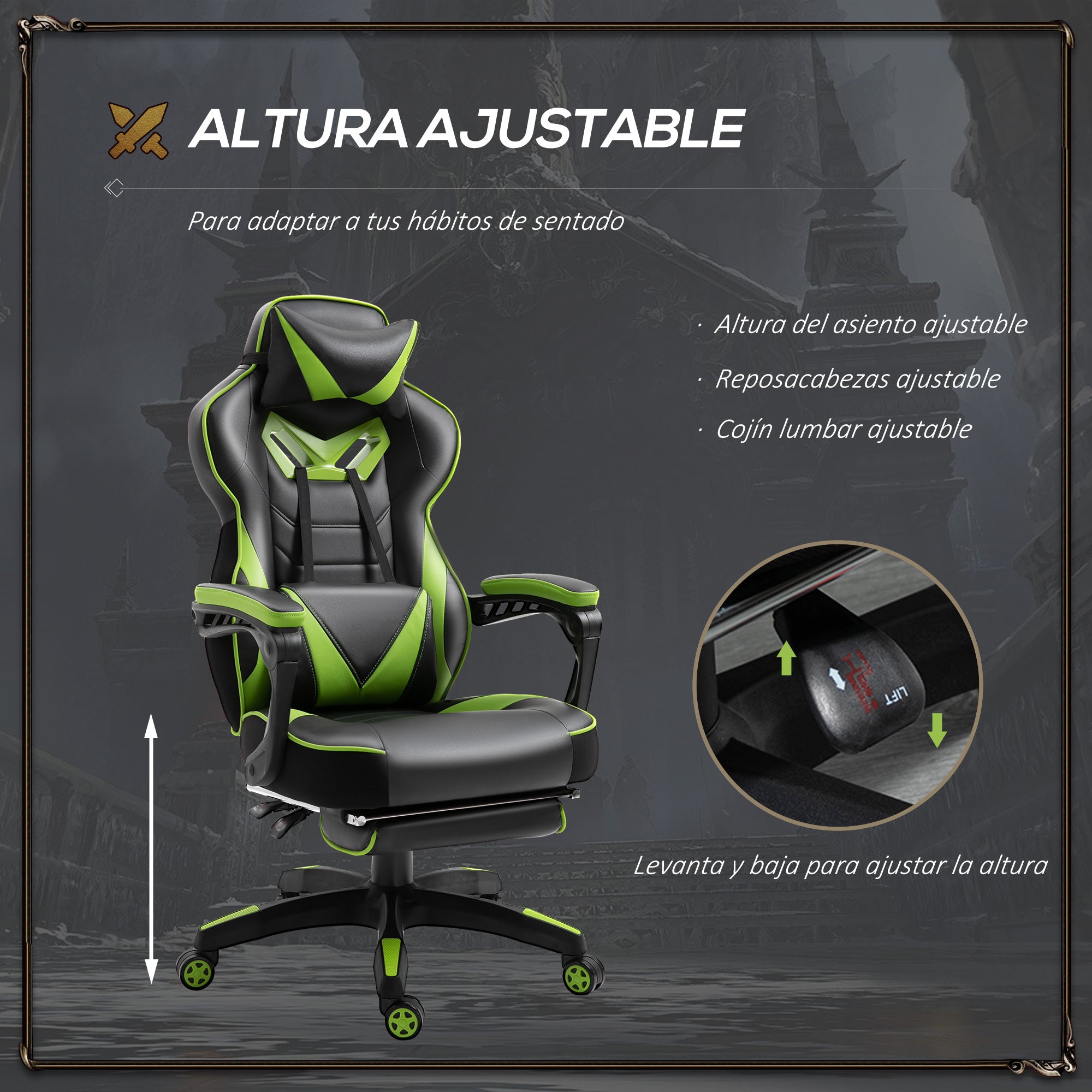 Cadeira Ergonômica Gaming Verde e Preto 65x70x118.5-126.5 cm