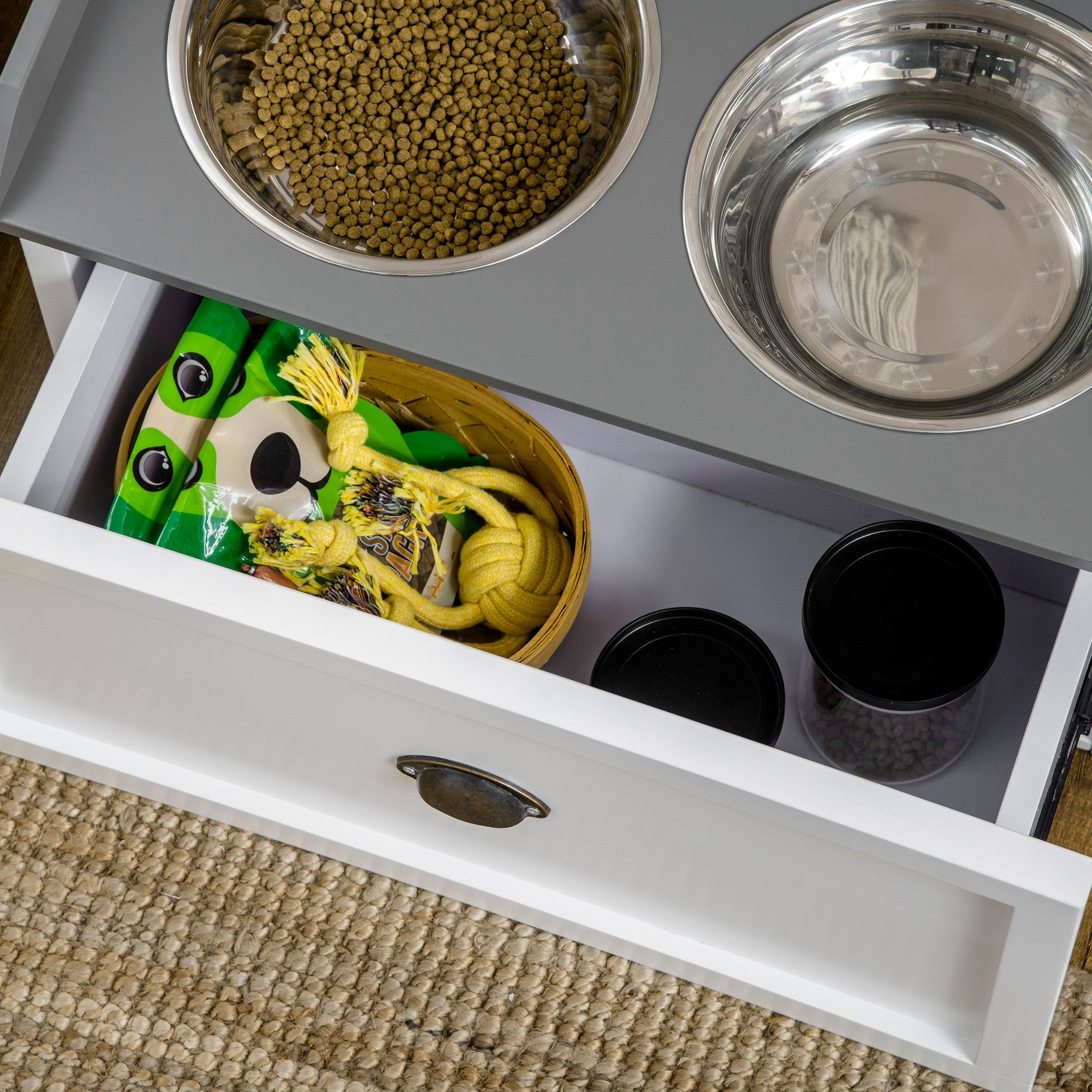 Comedouro Elevado para Cães – 60x30x36cm – Branco – Aço inoxidável e MDF