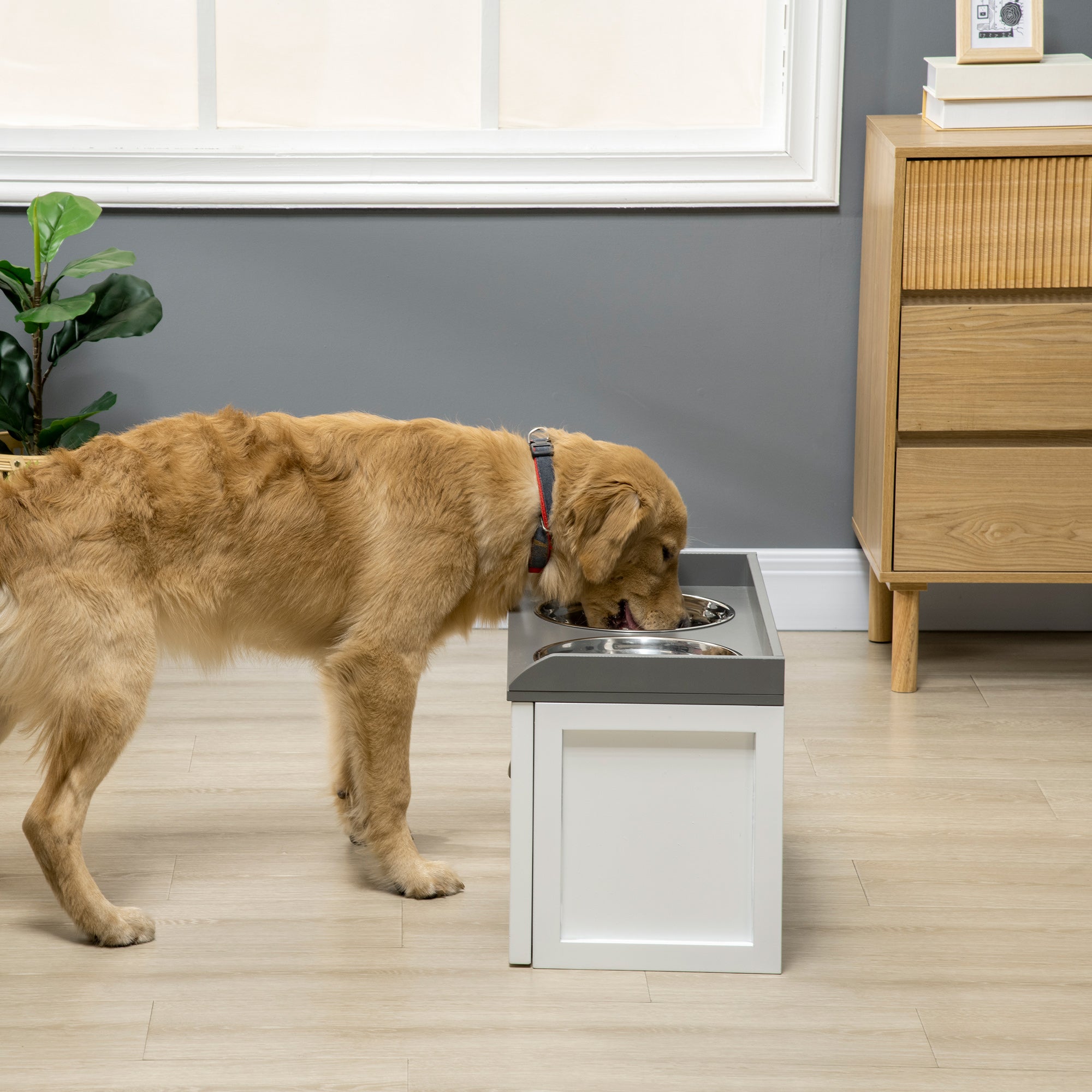 Comedouro Elevado para Cães – 60x30x36cm – Branco – Aço inoxidável e MDF