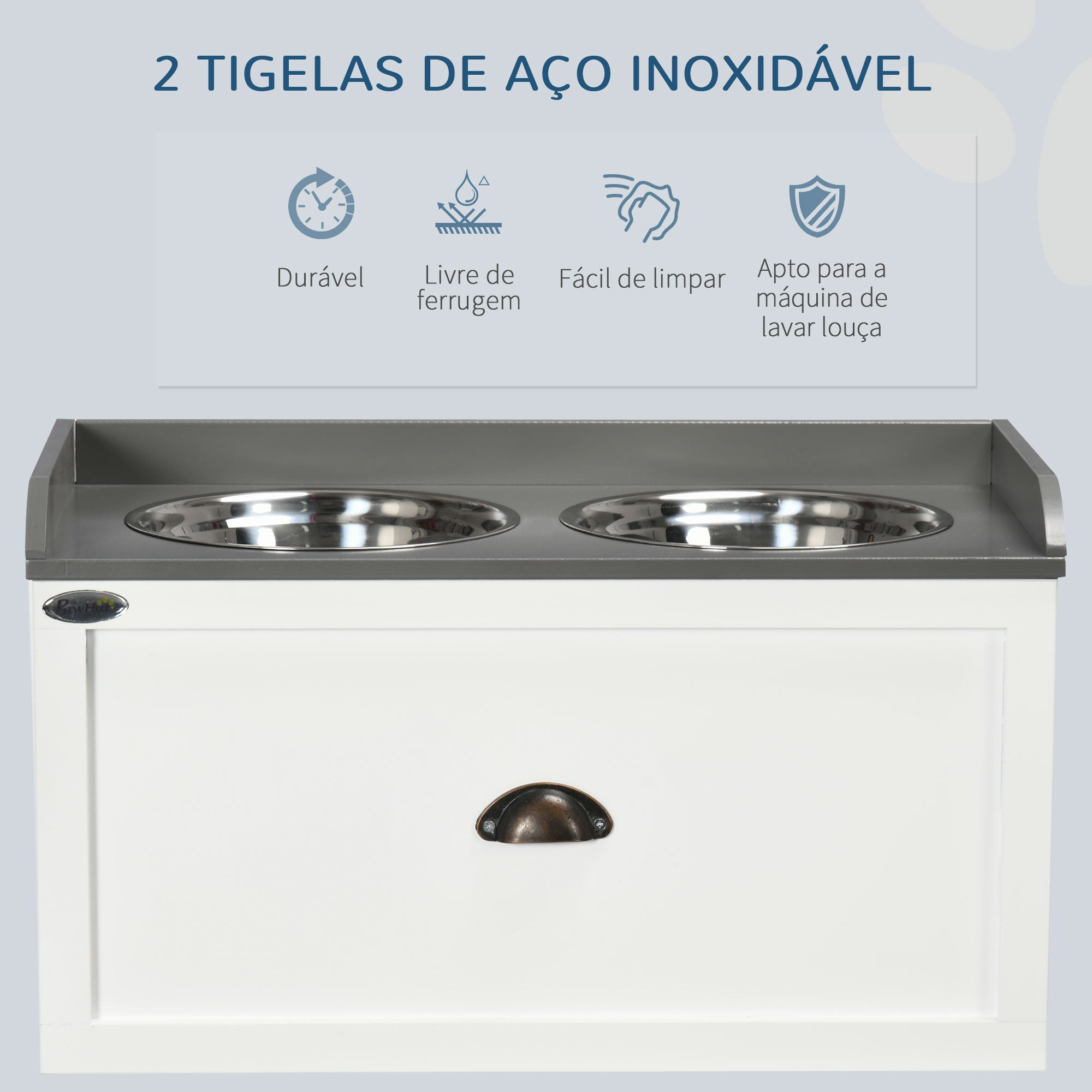 Comedouro Elevado para Cães – 60x30x36cm – Branco – Aço inoxidável e MDF