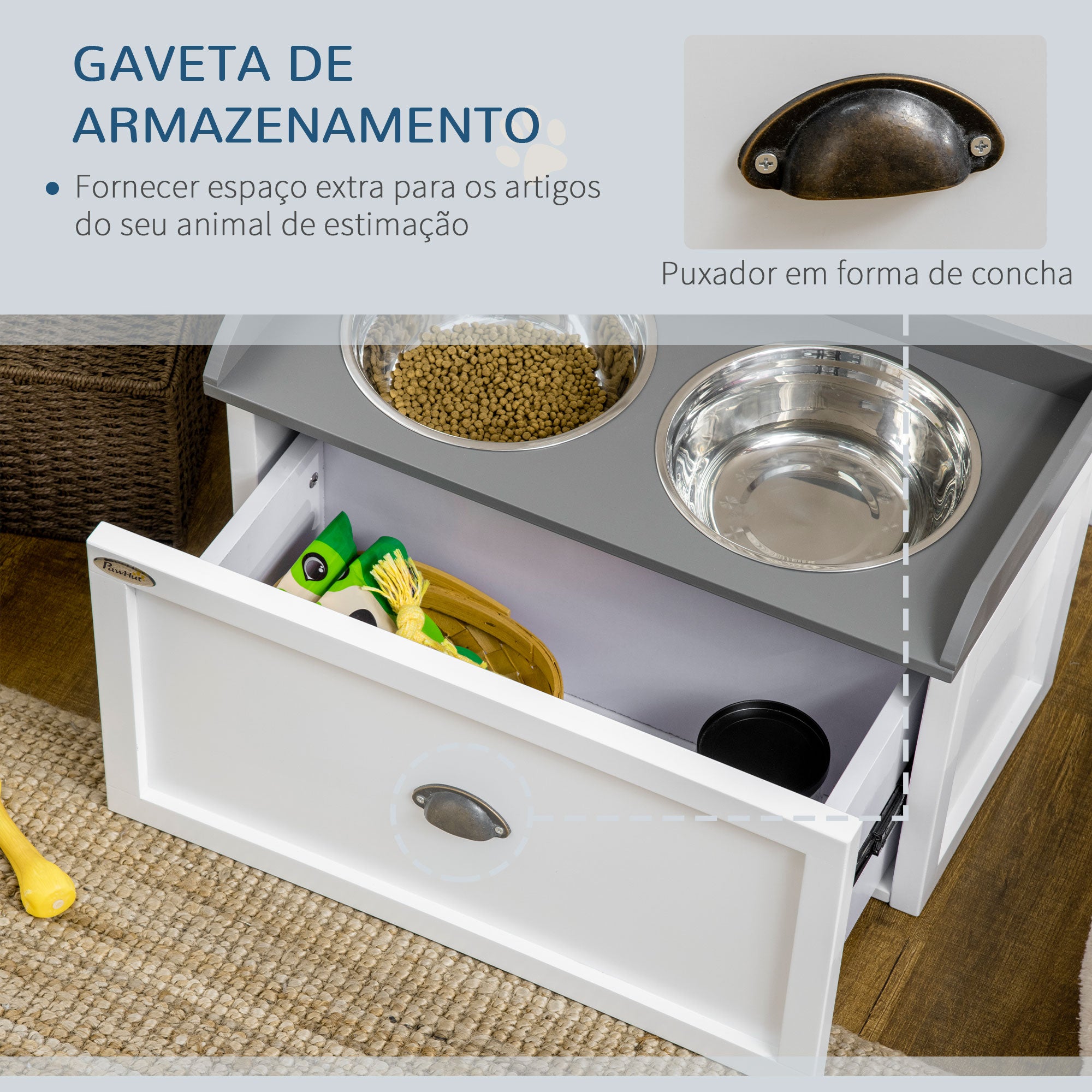 Comedouro Elevado para Cães – 60x30x36cm – Branco – Aço inoxidável e MDF