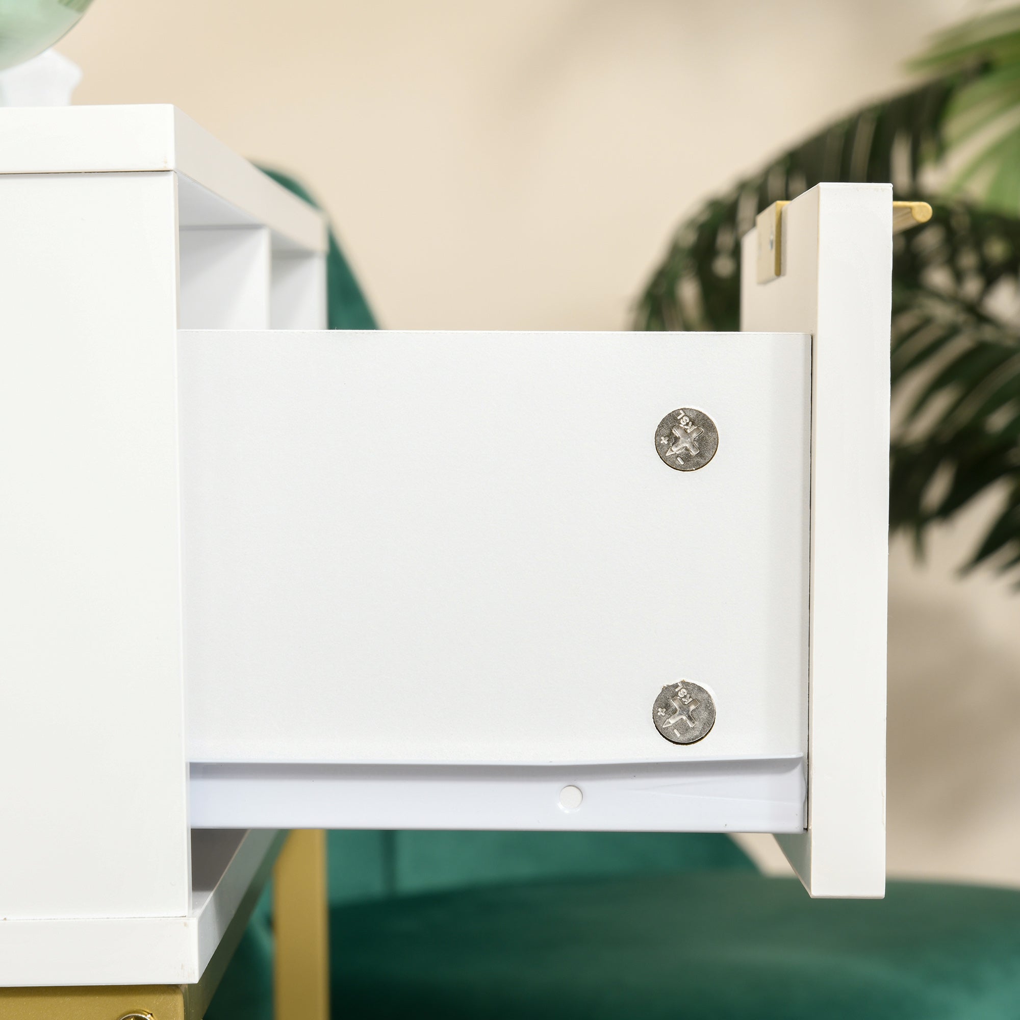 Mesa de Console Moderna com Gaveta e Prateleira Aberta 80x30x80,5 cm - Branco, Madeira Natural, Dourado