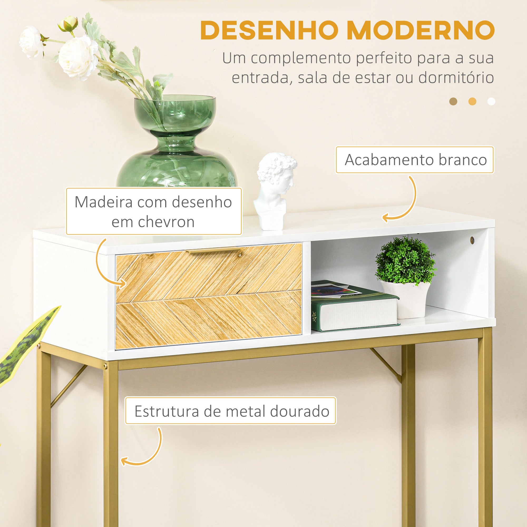 Mesa de Console Moderna com Gaveta e Prateleira Aberta 80x30x80,5 cm - Branco, Madeira Natural, Dourado