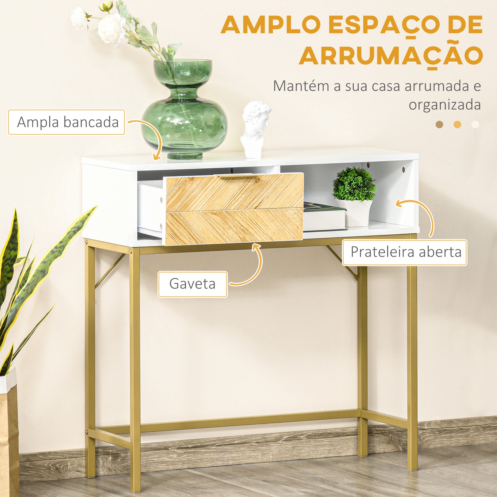 Mesa de Console Moderna com Gaveta e Prateleira Aberta 80x30x80,5 cm - Branco, Madeira Natural, Dourado