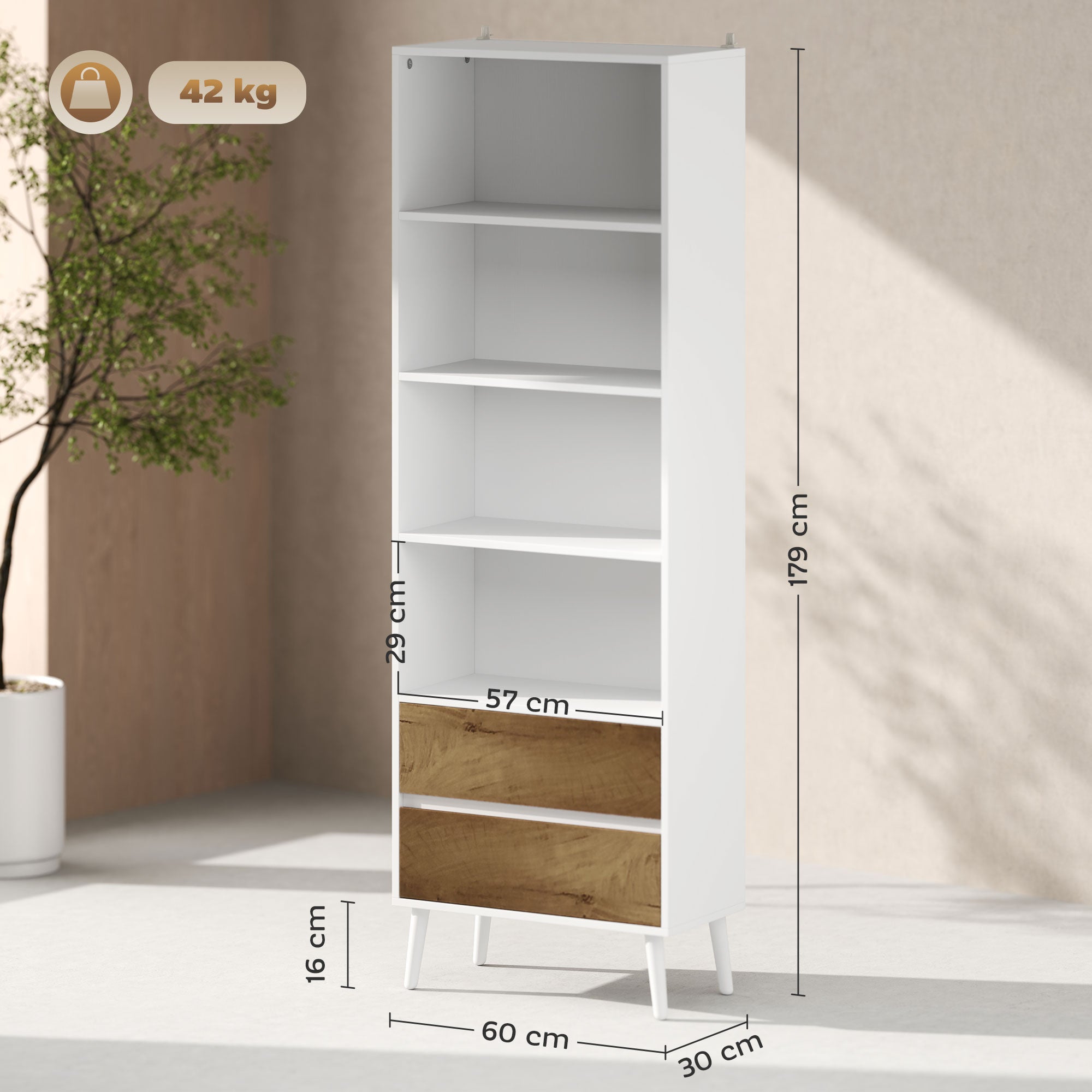 Estante de 6 Níveis com 2 Gavetas e 4 Prateleiras - 60x30x179 cm - Branco