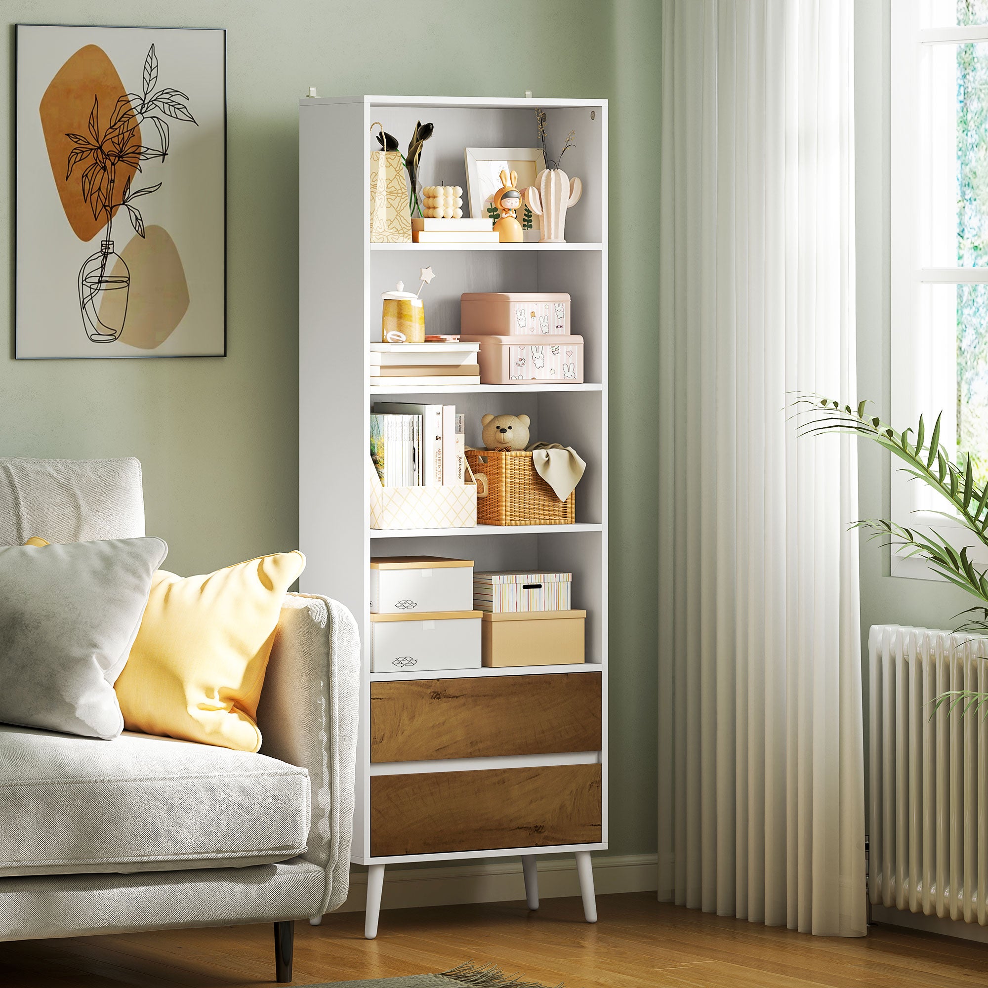 Estante de 6 Níveis com 2 Gavetas e 4 Prateleiras - 60x30x179 cm - Branco