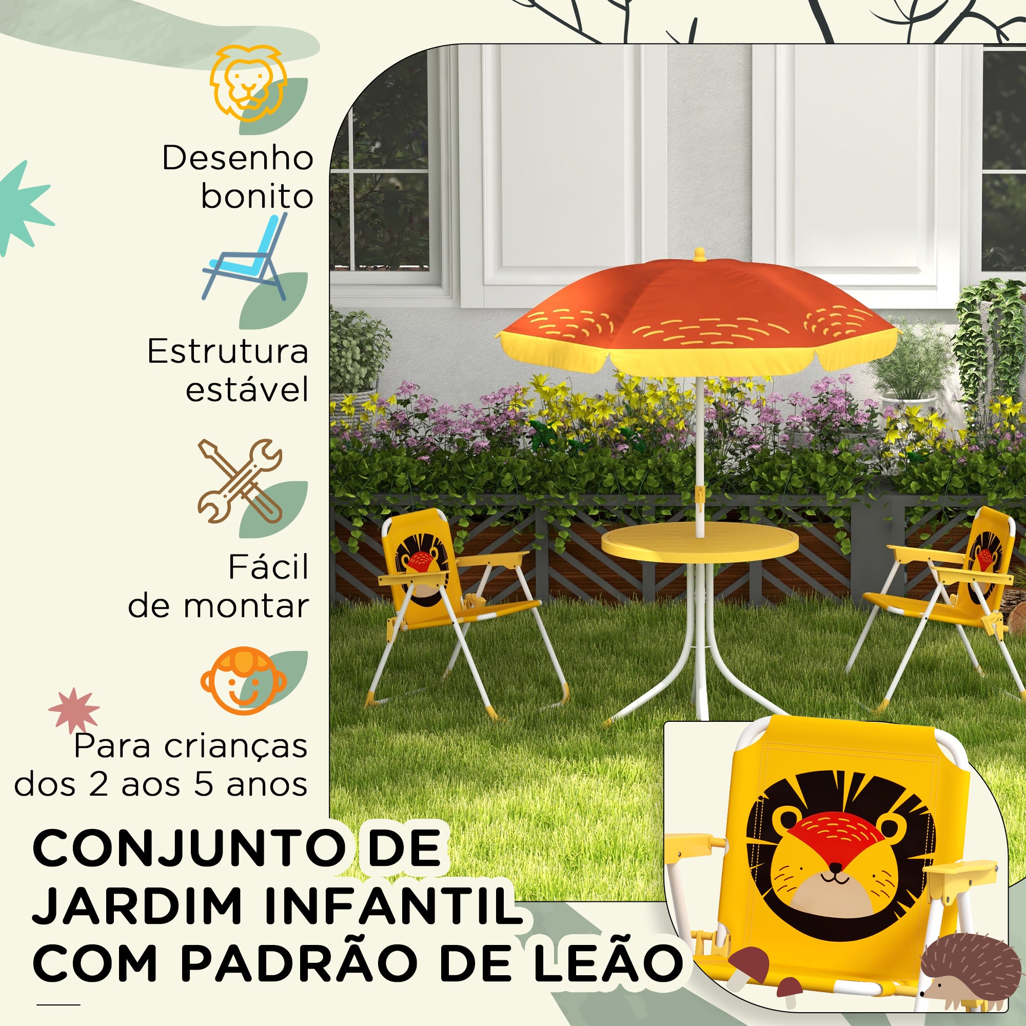 Conjunto Infantil de Mesa e Cadeiras de Exterior Amarelo - 100x100x122 cm